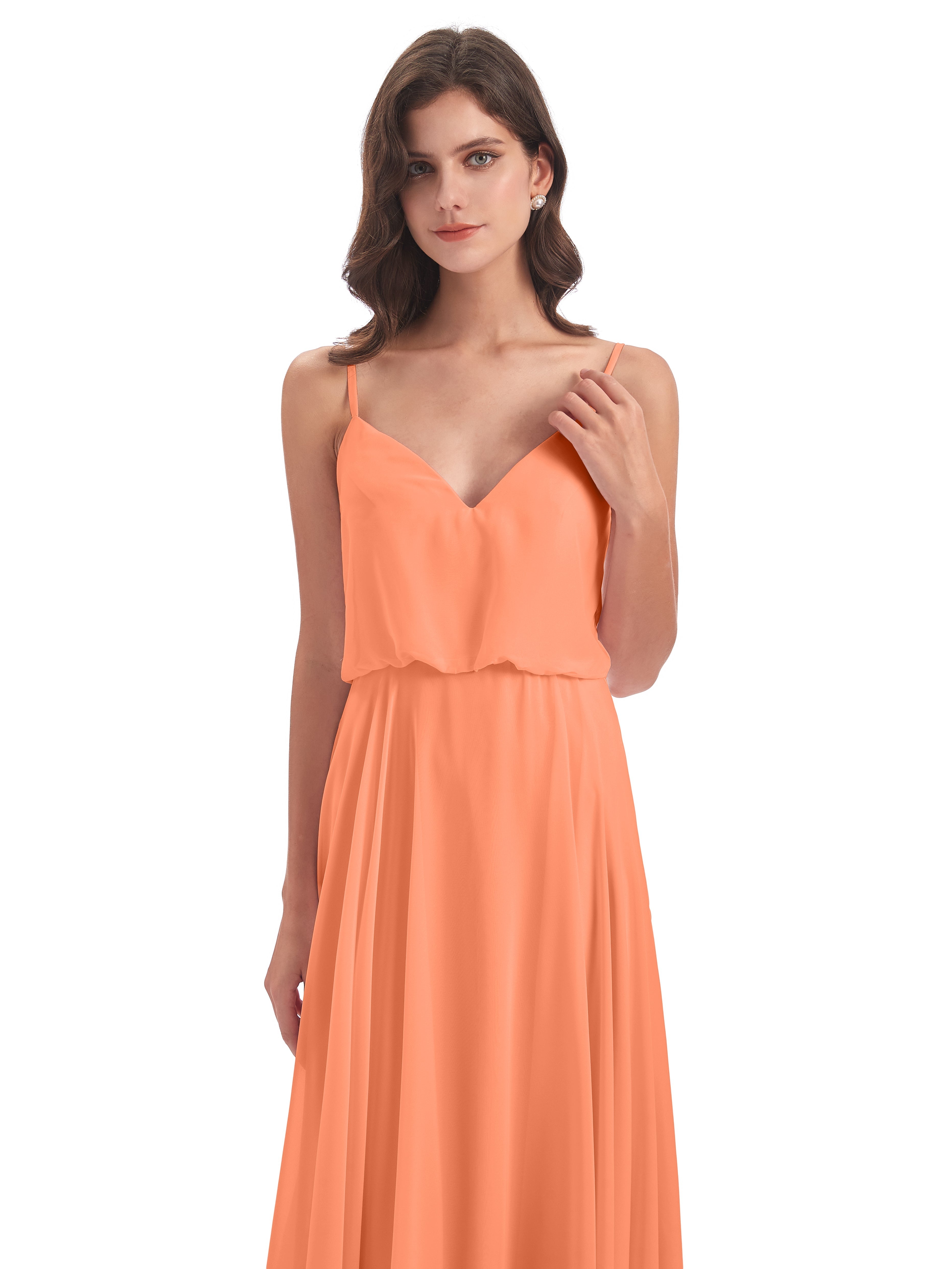 Robes De Demoiselle D'Honneur Papaye Bretelles Spaghetti Mousseline Longue Robes Demoiselle D'Honneur
