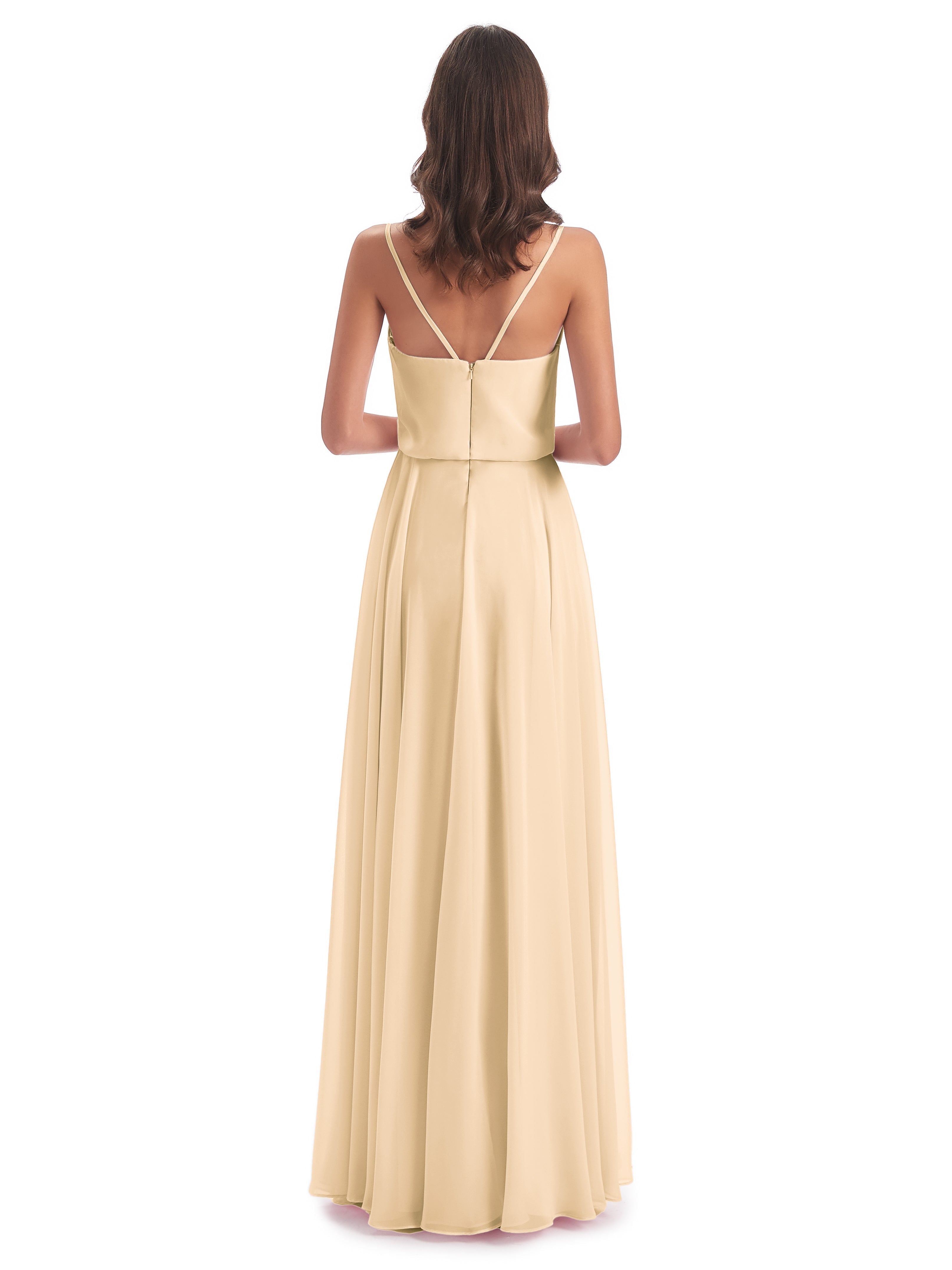 Robe Demoiselle D Honneur Couleur Peche Bretelles Spaghetti Mousseline Longue Robes Demoiselle D'Honneur