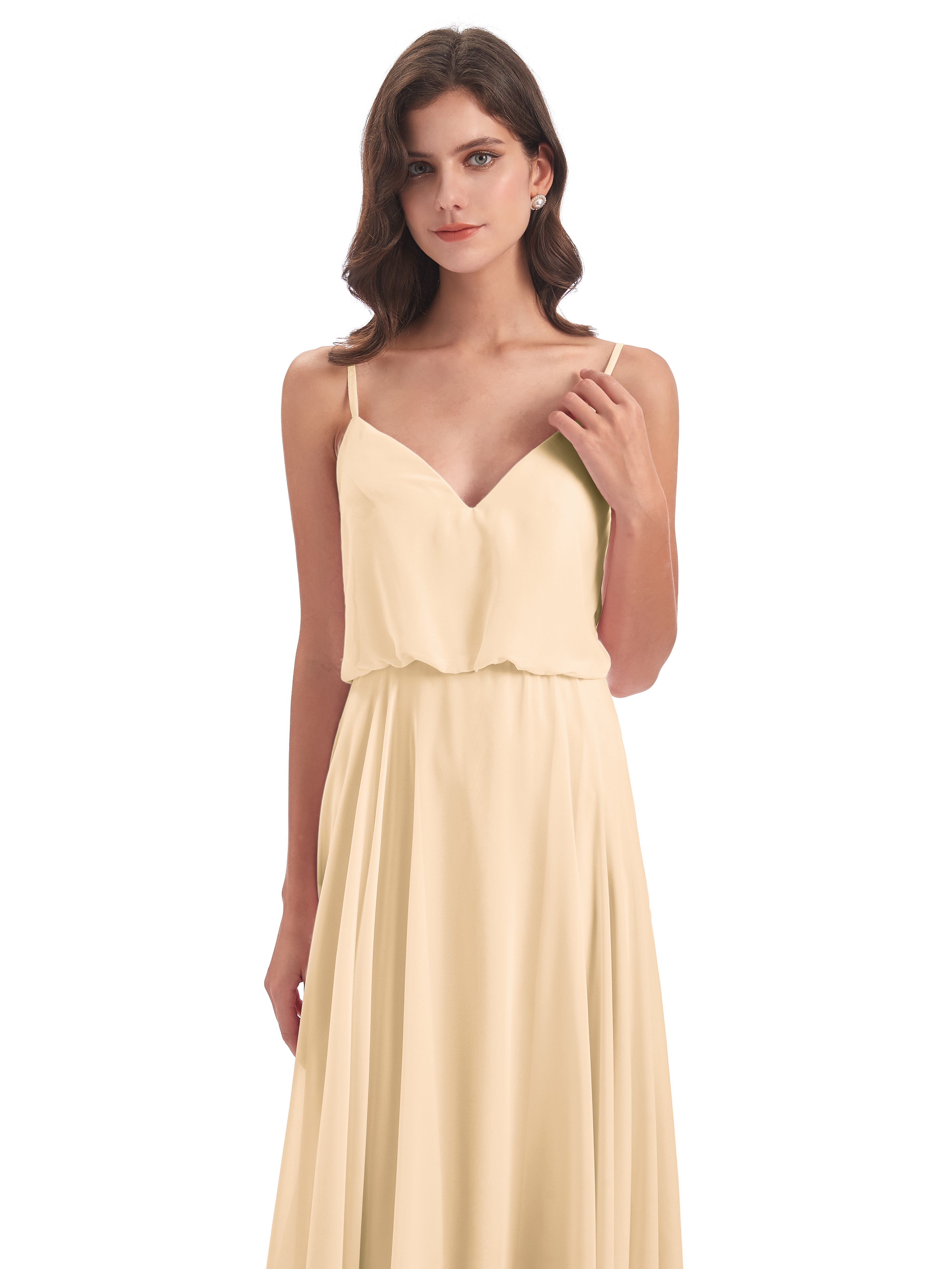 Robe Demoiselle D Honneur Couleur Peche Bretelles Spaghetti Mousseline Longue Robes Demoiselle D'Honneur