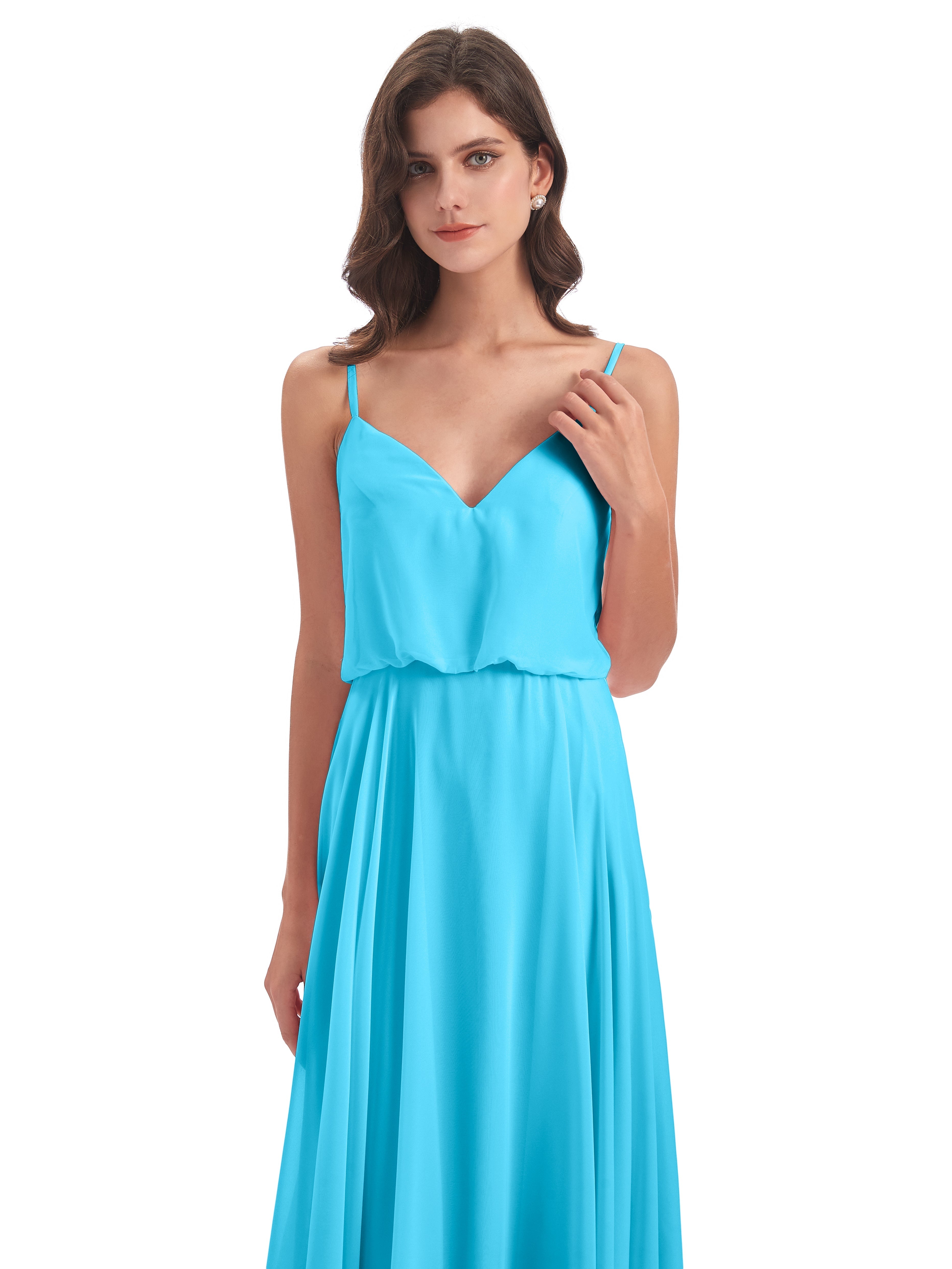 Robe De Demoiselle D'Honneur En Piscine Bretelles Spaghetti Mousseline Longue Robes Demoiselle D'Honneur