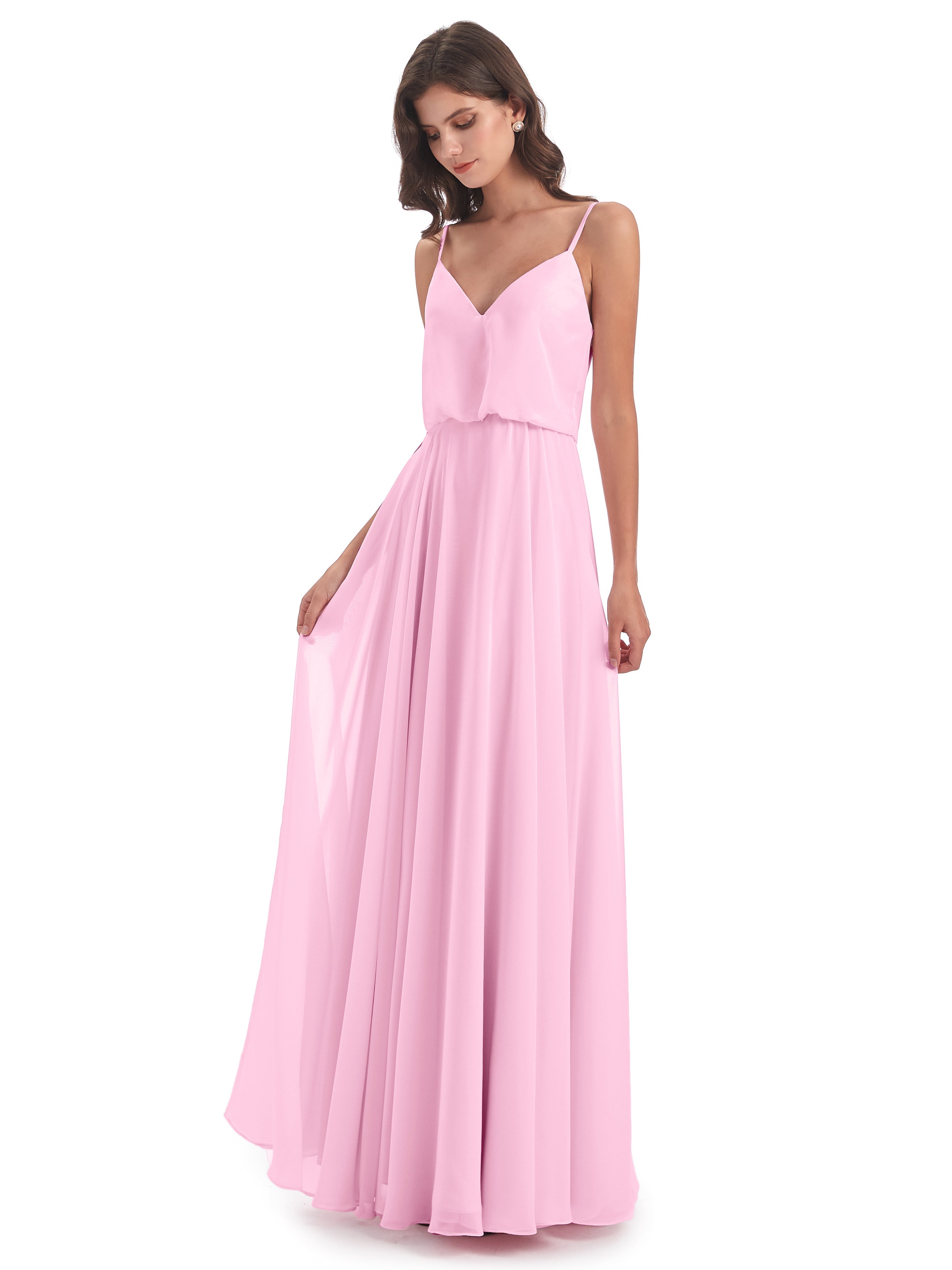 Robes De Demoiselle D'Honneur Rose Bonbon Bretelles Spaghetti Mousseline Longue Robes Demoiselle D'Honneur