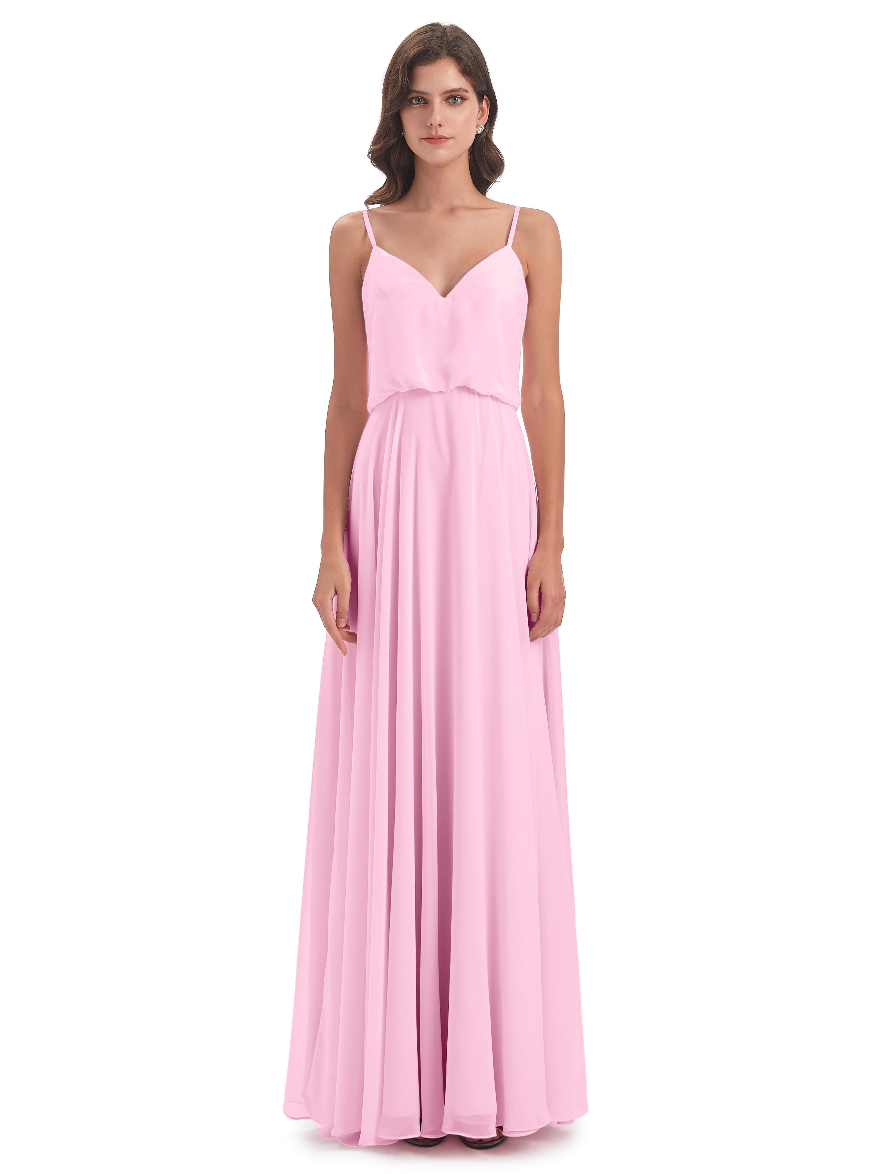 Robes De Demoiselle D'Honneur Rose Bonbon Bretelles Spaghetti Mousseline Longue Robes Demoiselle D'Honneur
