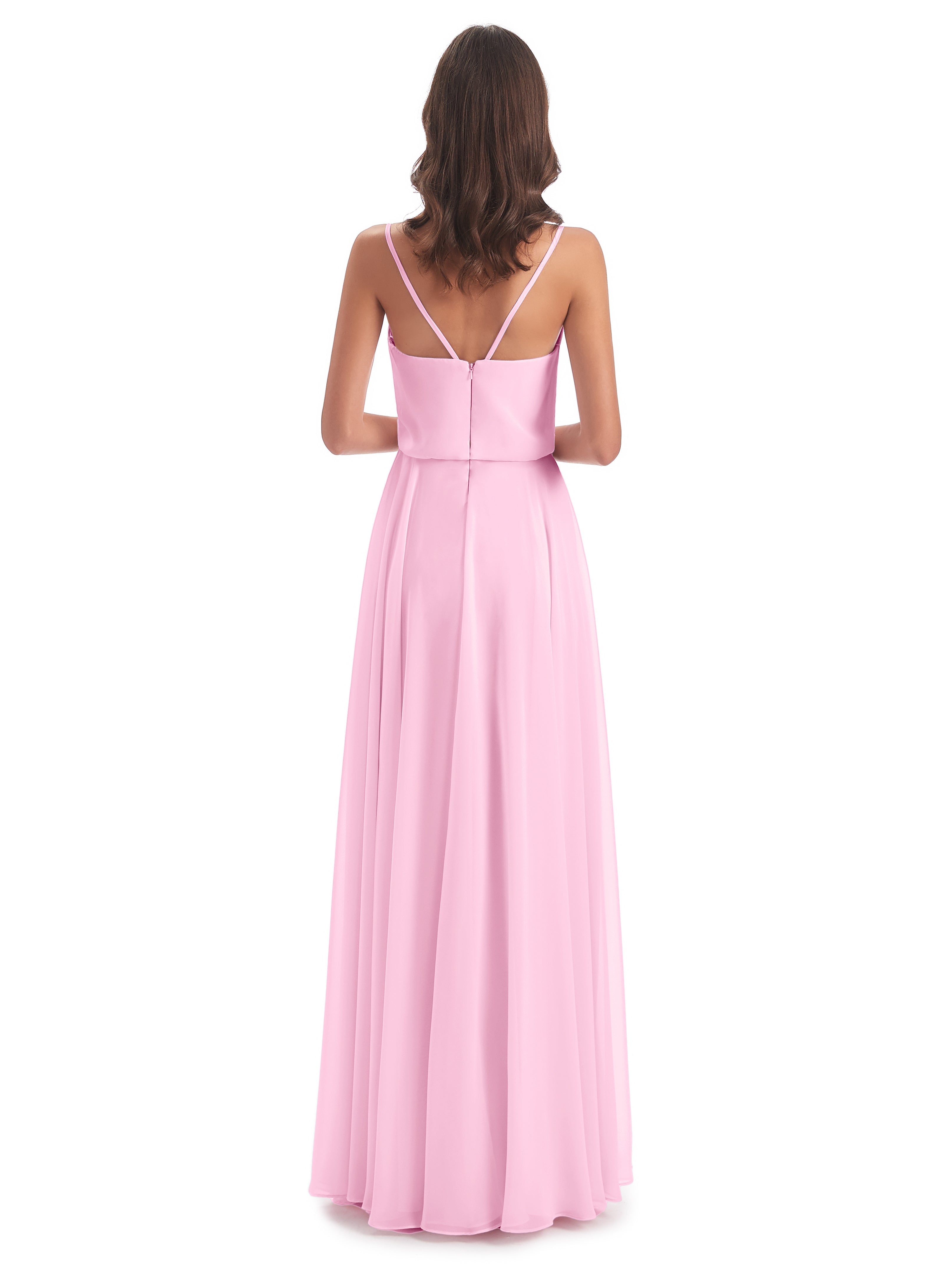 Robes De Demoiselle D'Honneur Rose Bonbon Bretelles Spaghetti Mousseline Longue Robes Demoiselle D'Honneur