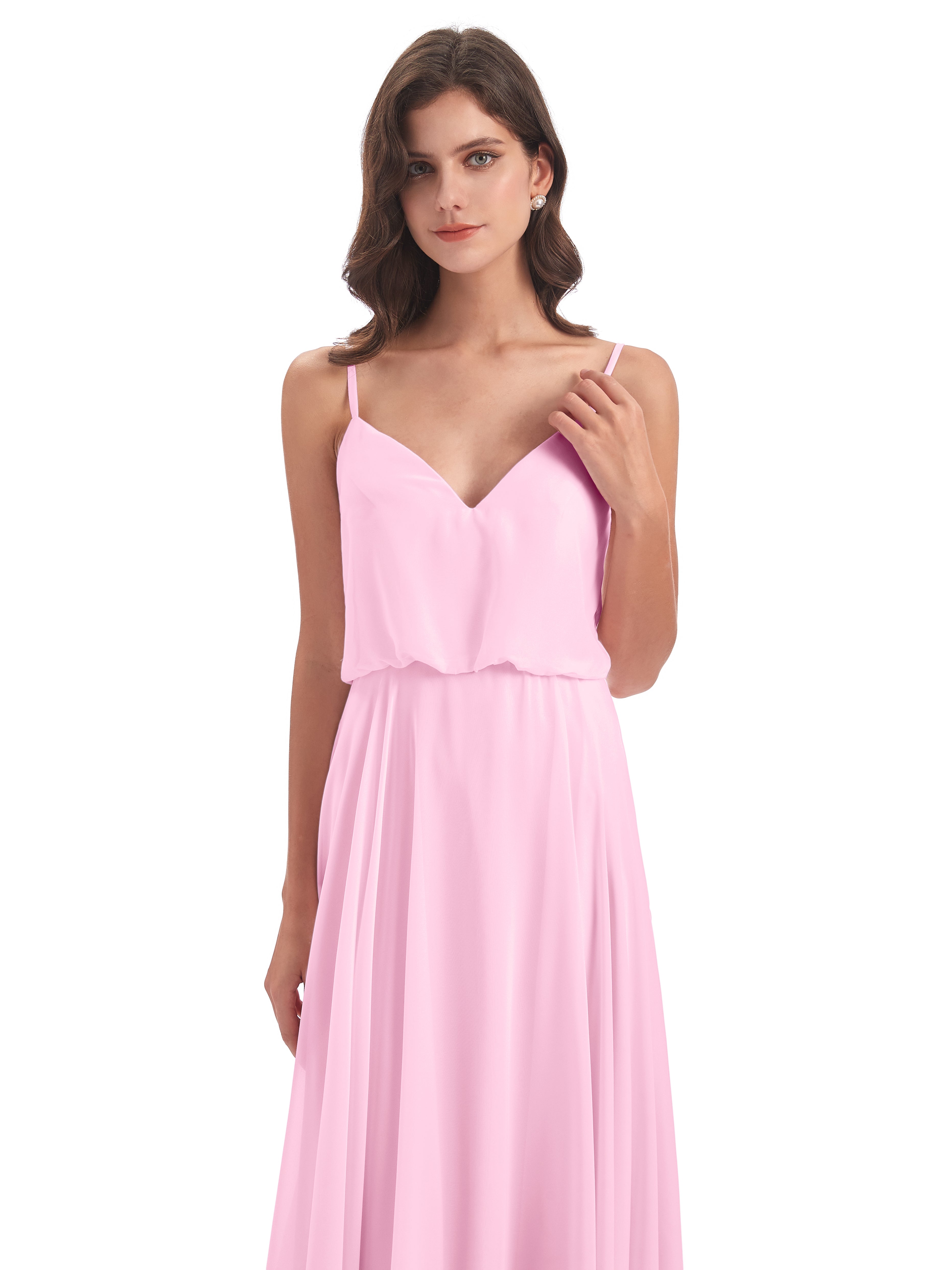 Robes De Demoiselle D'Honneur Rose Bonbon Bretelles Spaghetti Mousseline Longue Robes Demoiselle D'Honneur