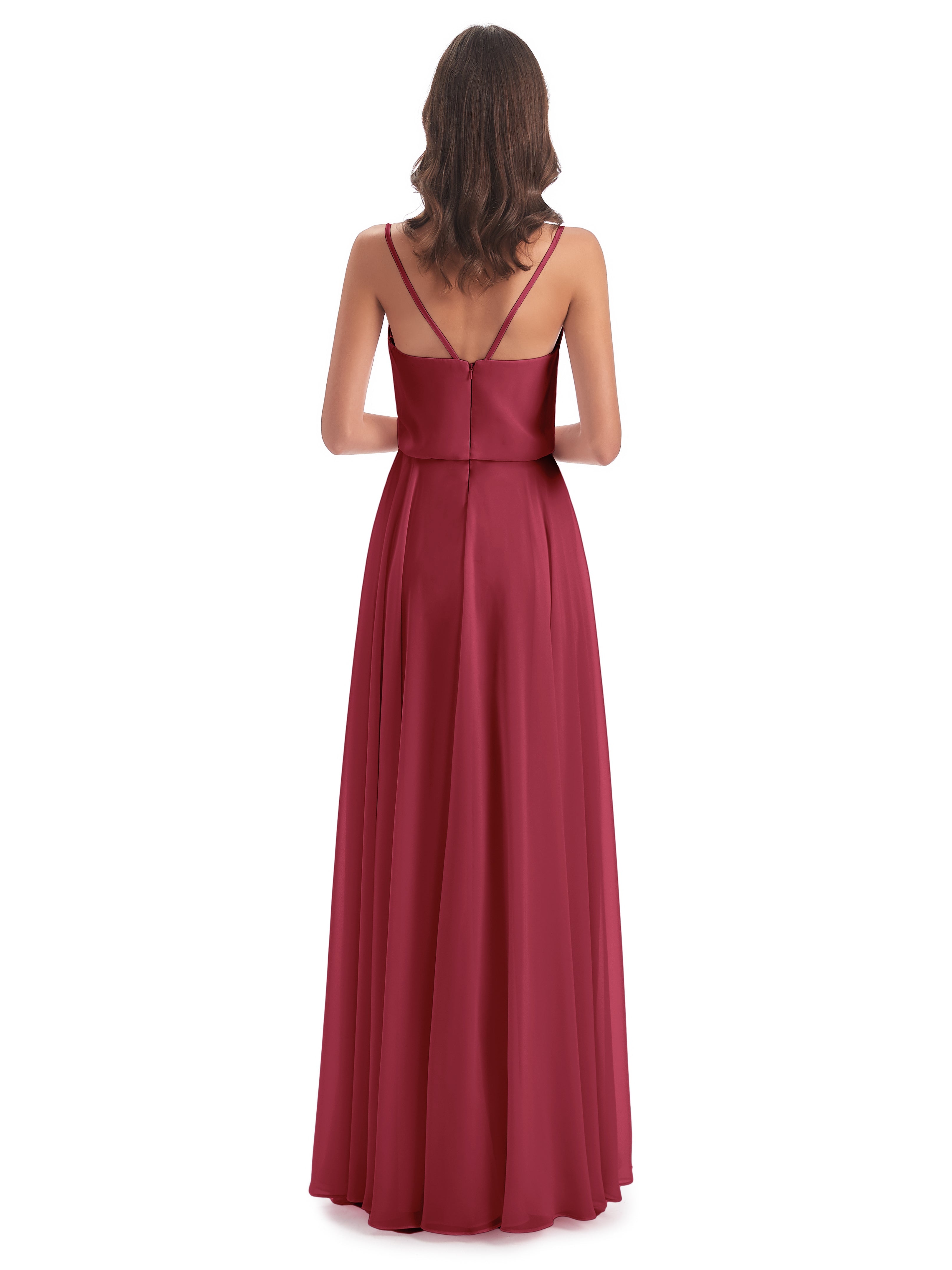 Robes De Demoiselle D'Honneur Rose Cannelle Bretelles Spaghetti Mousseline Longue Robes Demoiselle D'Honneur