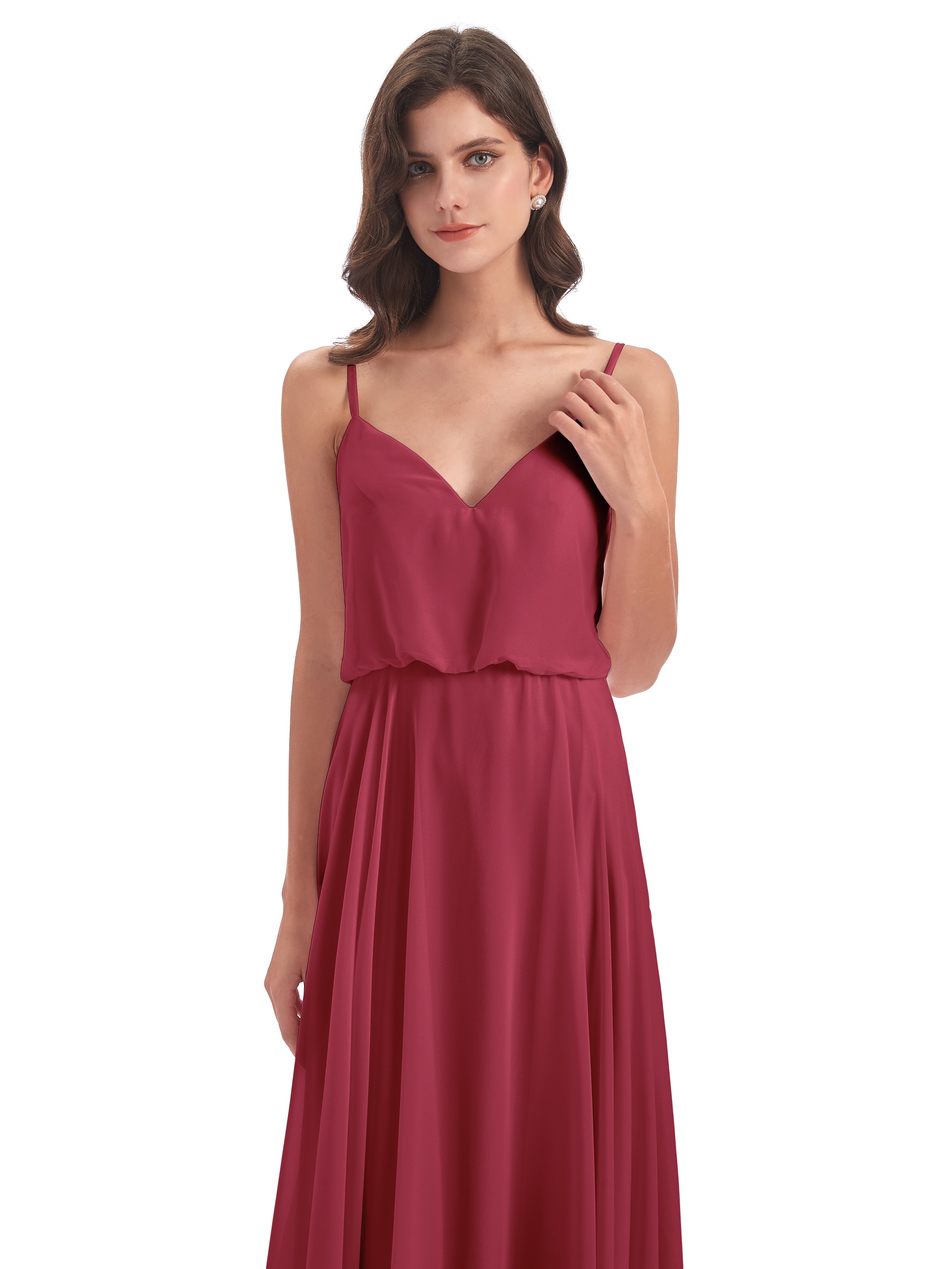 Robes De Demoiselle D'Honneur Rose Cannelle Bretelles Spaghetti Mousseline Longue Robes Demoiselle D'Honneur