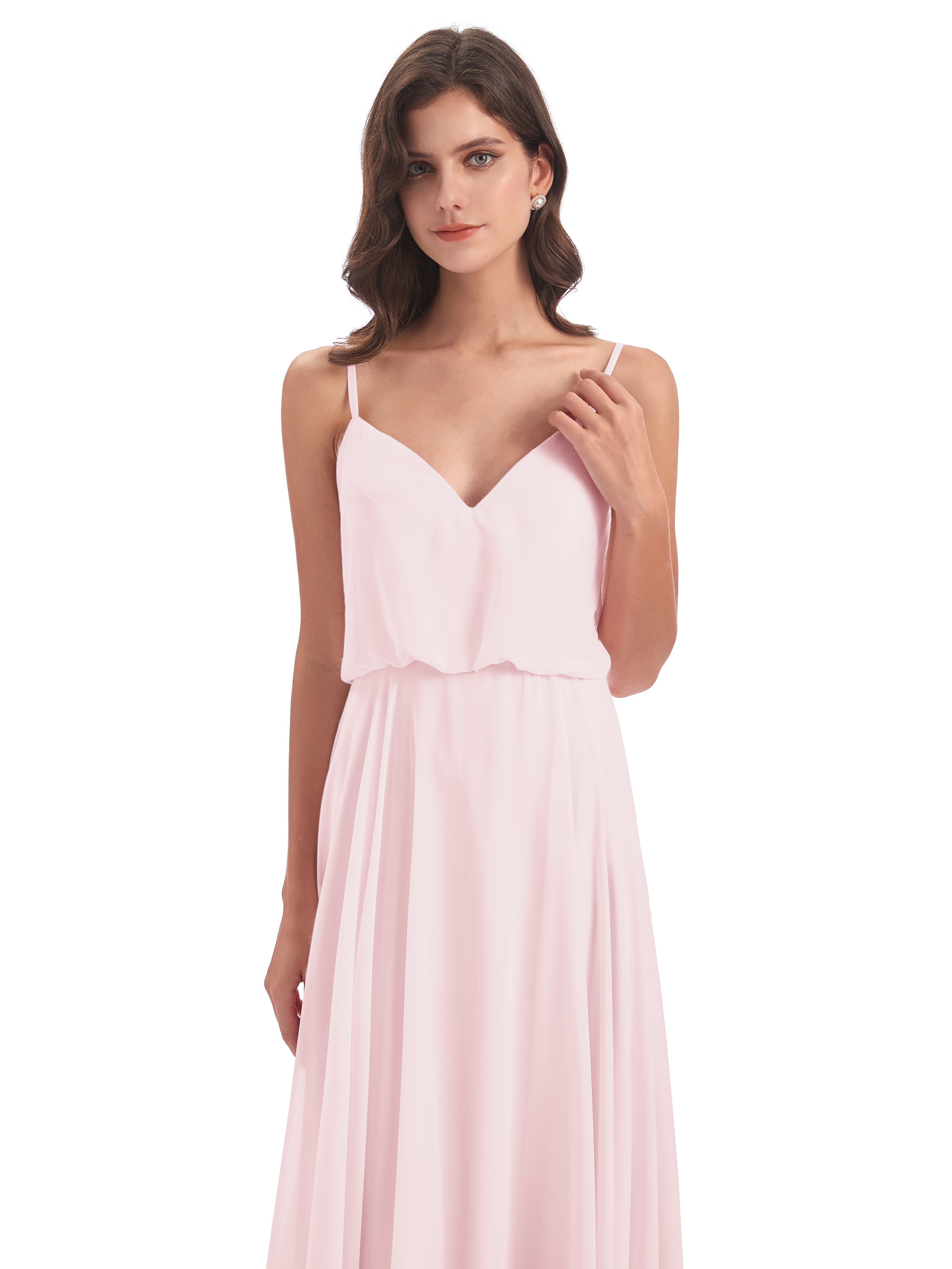 Robe Demoiselle Dhonneur Rose Pale Bretelles Spaghetti Mousseline Longue Robes Demoiselle D'Honneur