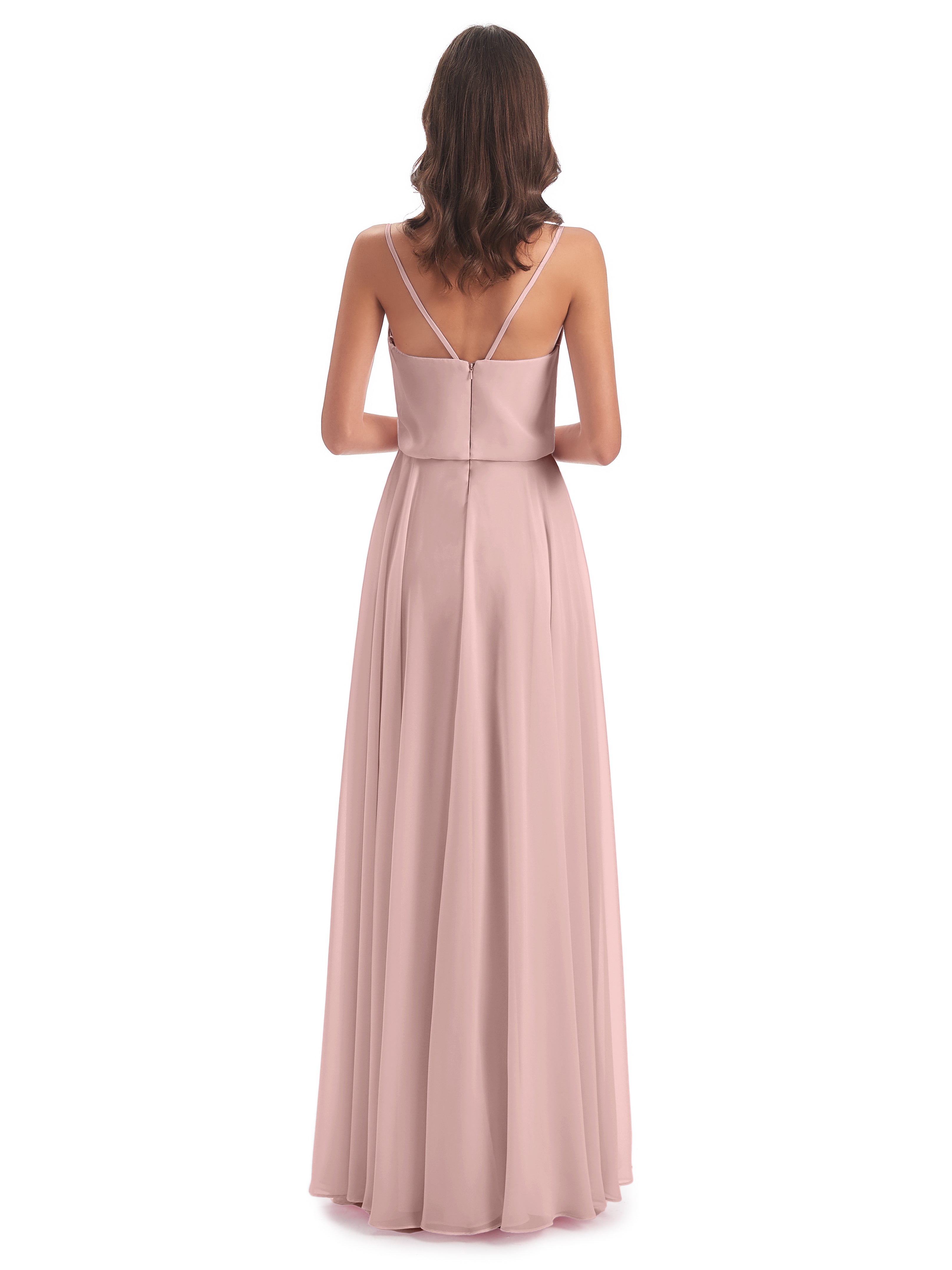 Demoiselles D'Honneur De Rose Poudrée Bretelles Spaghetti Mousseline Longue Robes Demoiselle D'Honneur