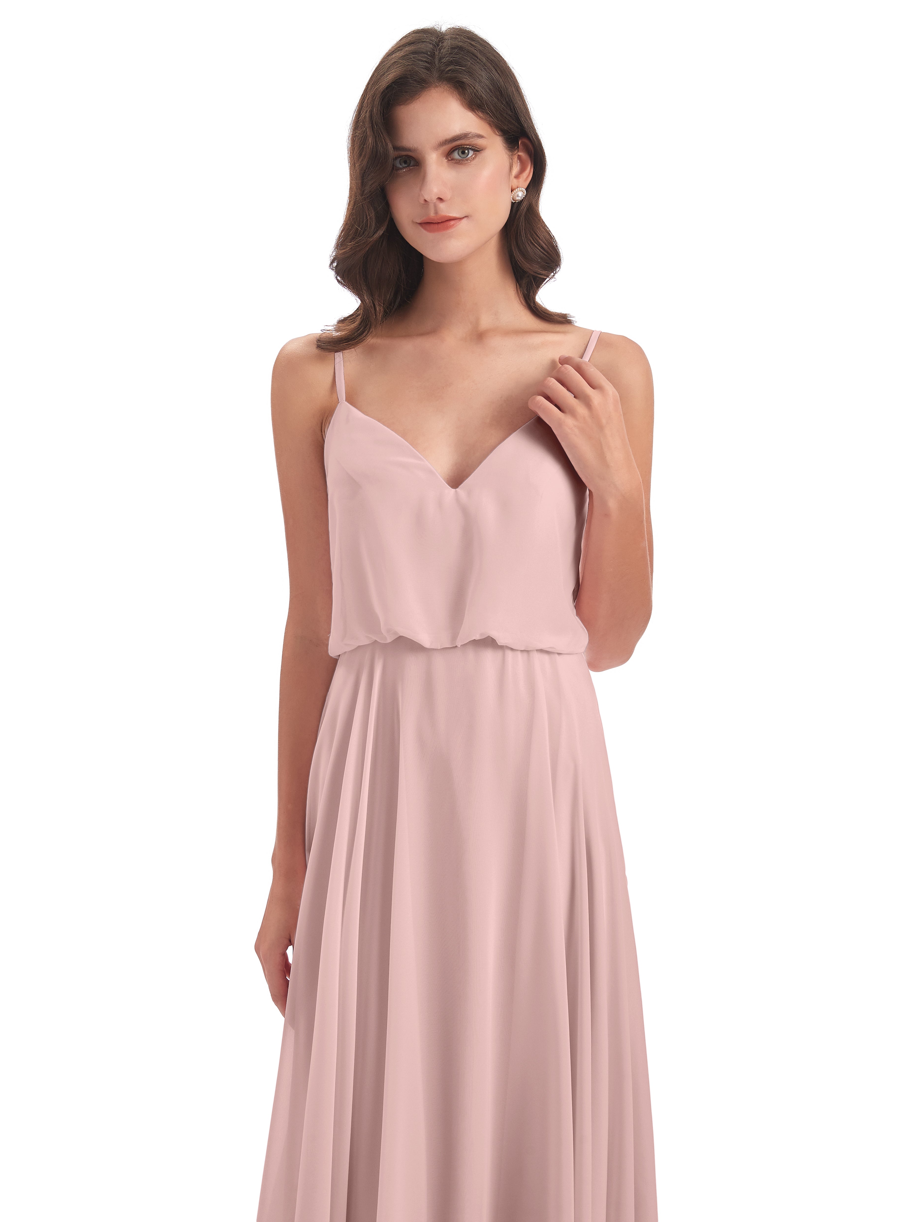 Demoiselles D'Honneur De Rose Poudrée Bretelles Spaghetti Mousseline Longue Robes Demoiselle D'Honneur