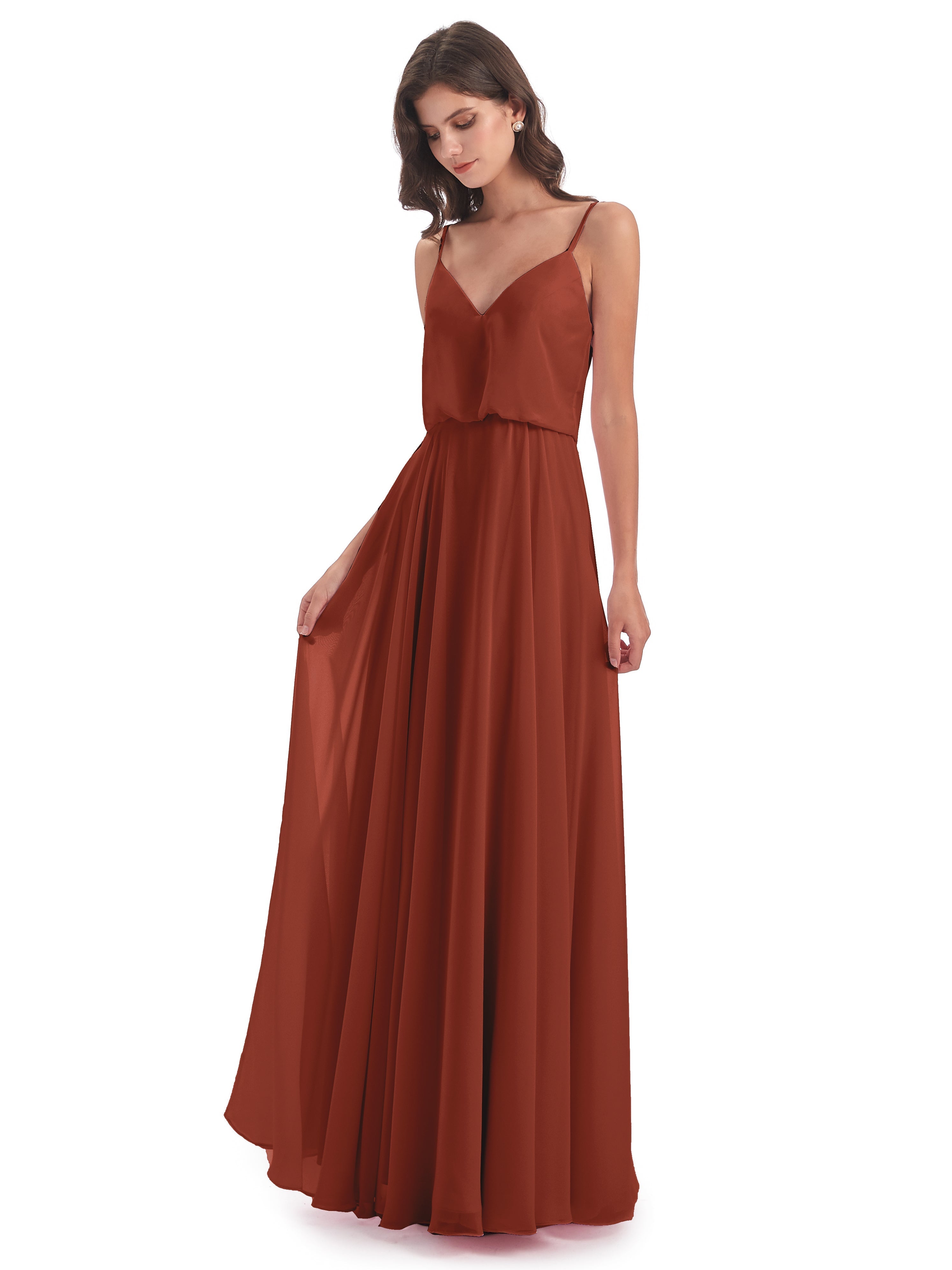 Robes De Demoiselle D'Honneur Couleur Rouille Bon Marché Bretelles Spaghetti Mousseline Longue Robes Demoiselle D'Honneur