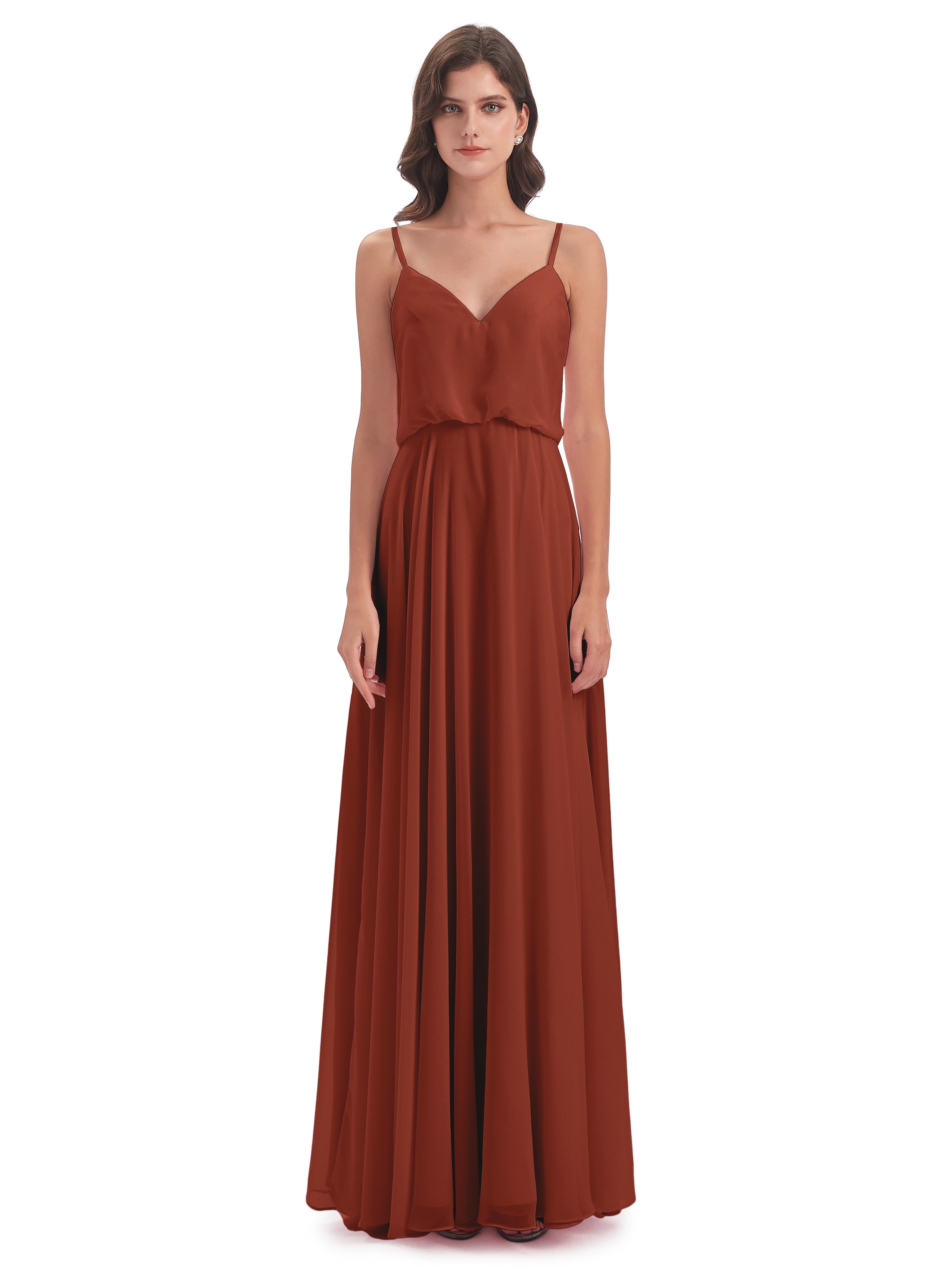Robes De Demoiselle D'Honneur Couleur Rouille Bon Marché Bretelles Spaghetti Mousseline Longue Robes Demoiselle D'Honneur