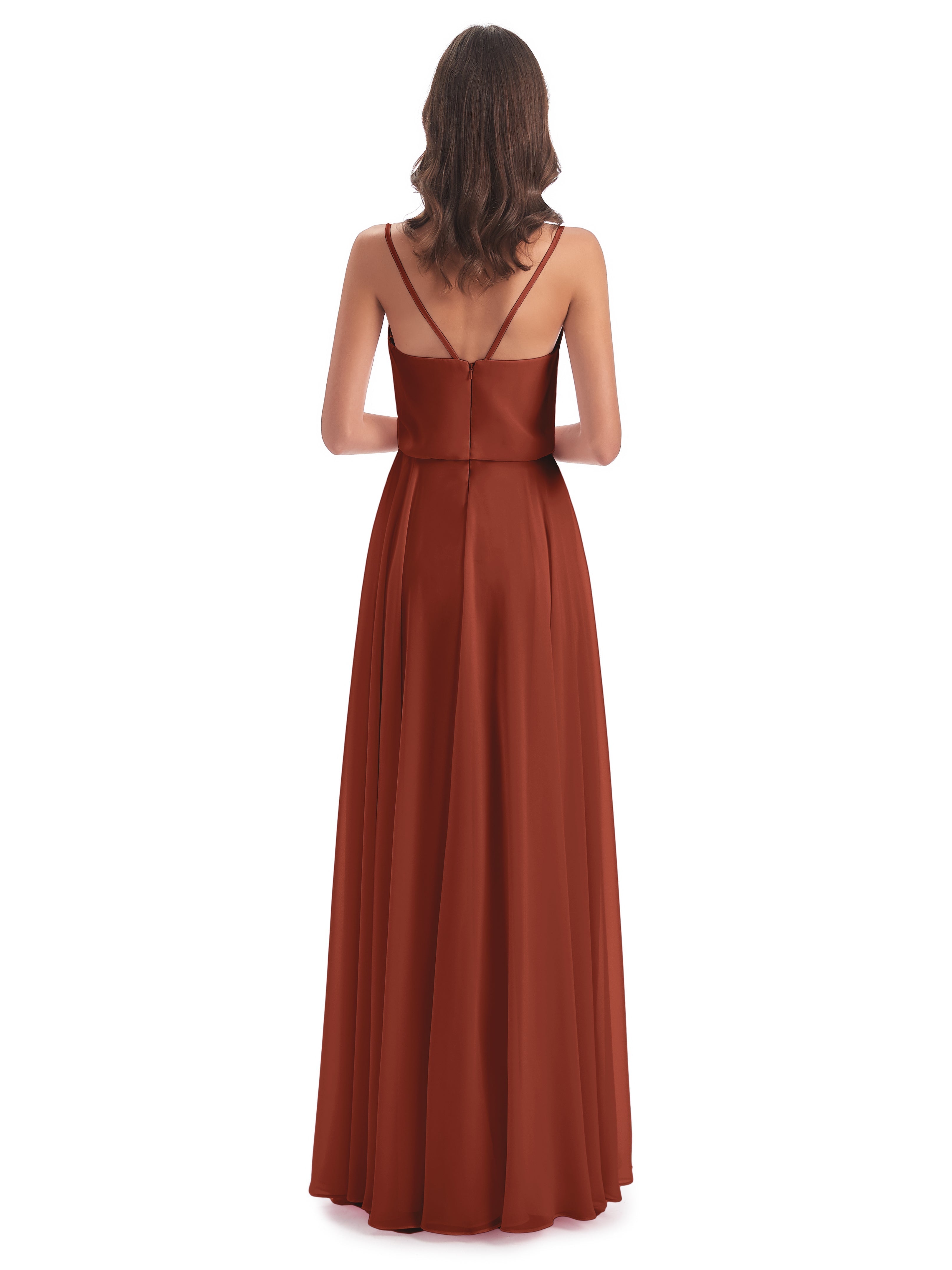 Robes De Demoiselle D'Honneur Couleur Rouille Bon Marché Bretelles Spaghetti Mousseline Longue Robes Demoiselle D'Honneur