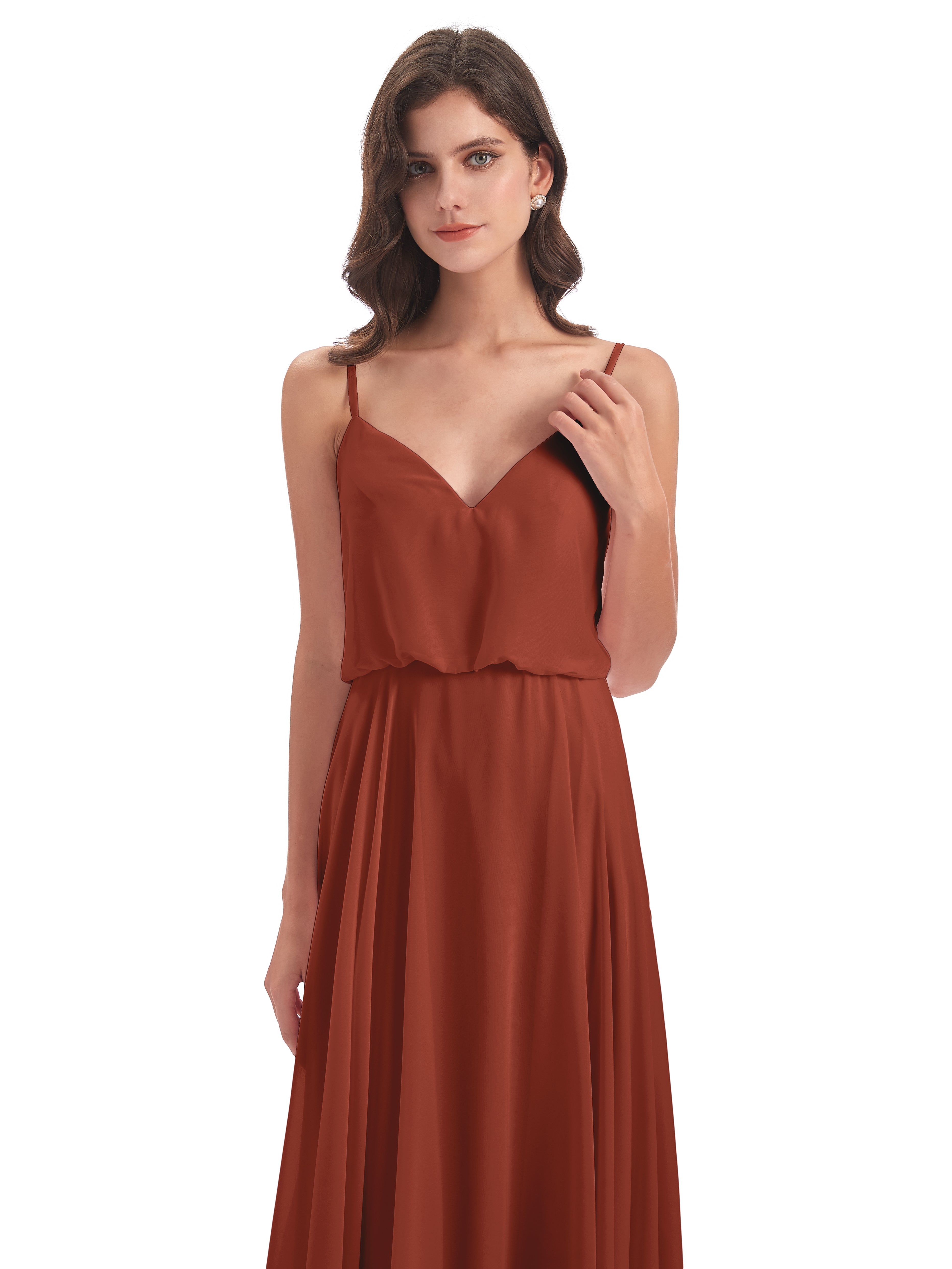 Robes De Demoiselle D'Honneur Couleur Rouille Bon Marché Bretelles Spaghetti Mousseline Longue Robes Demoiselle D'Honneur
