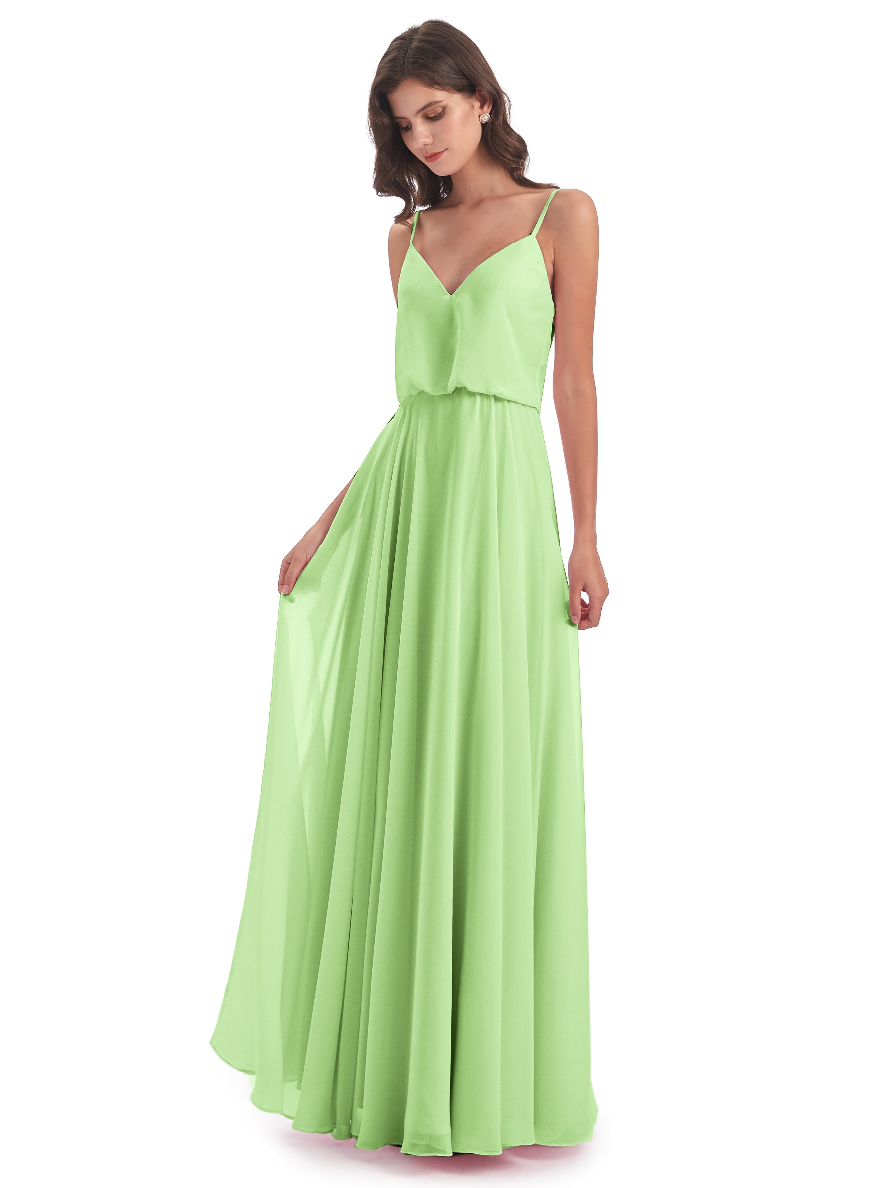 Demoiselle Robe Vert Sauge Bretelles Spaghetti Mousseline Longue Robes Demoiselle D'Honneur