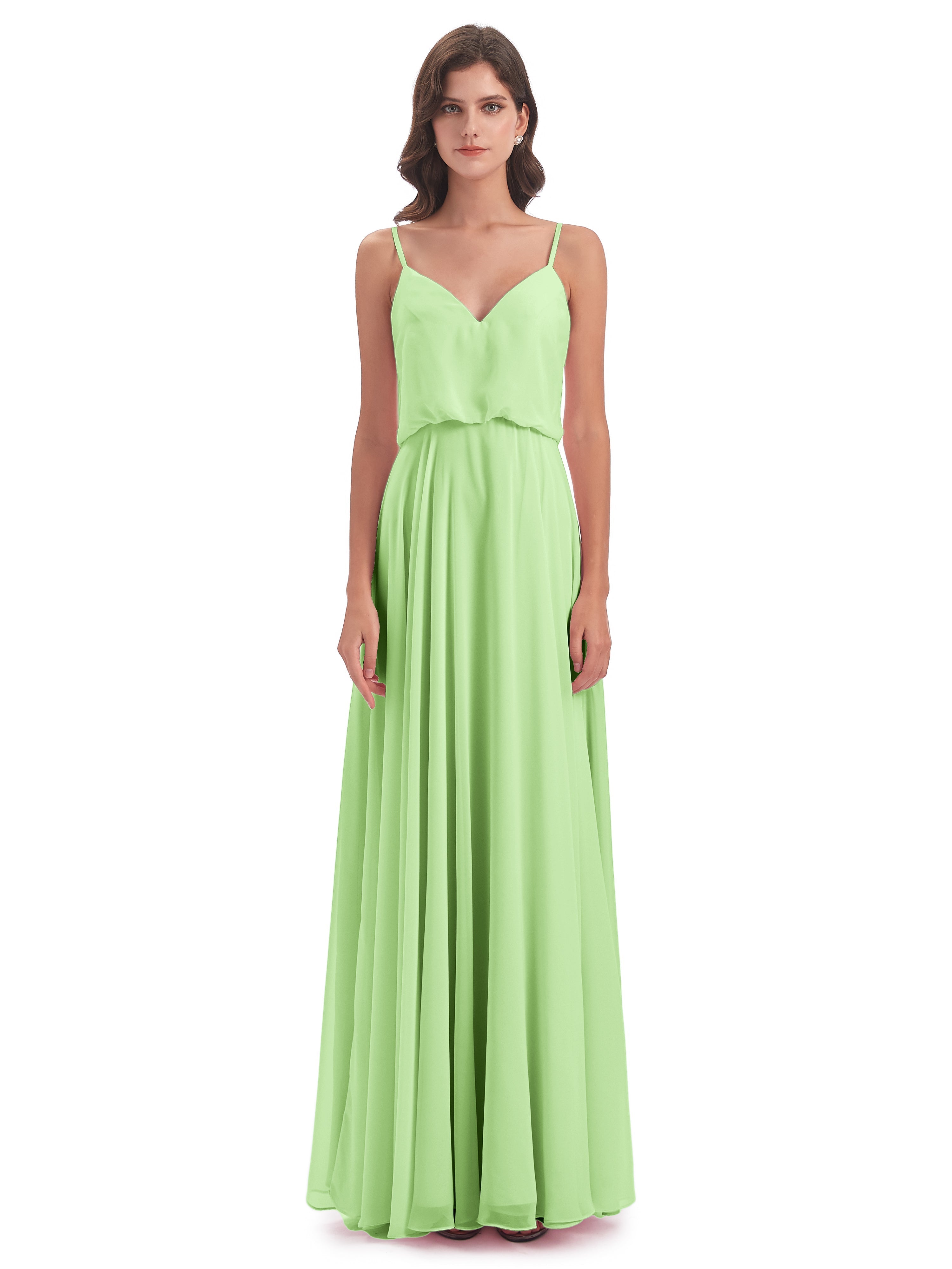 Demoiselle Robe Vert Sauge Bretelles Spaghetti Mousseline Longue Robes Demoiselle D'Honneur