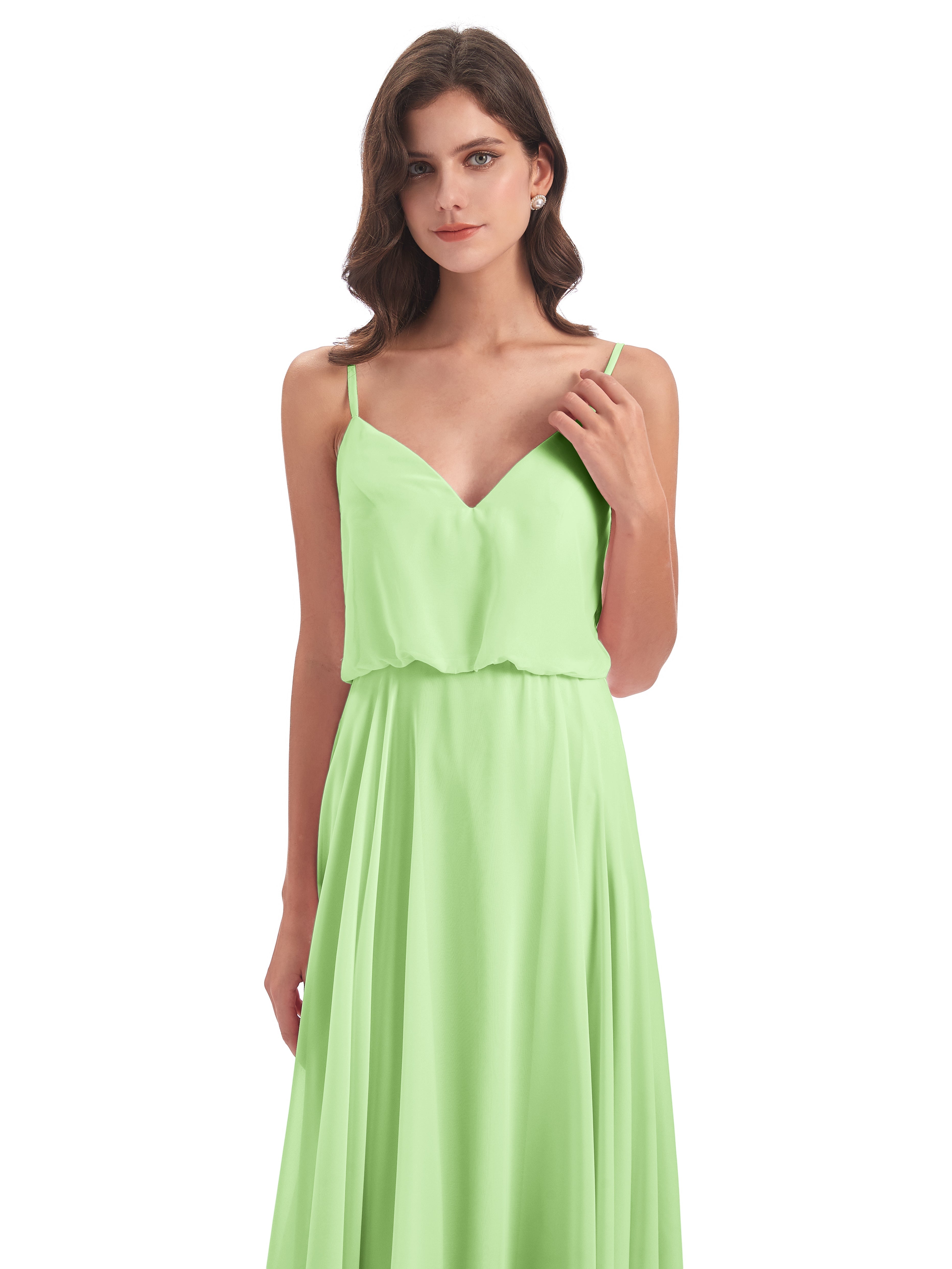 Demoiselle Robe Vert Sauge Bretelles Spaghetti Mousseline Longue Robes Demoiselle D'Honneur