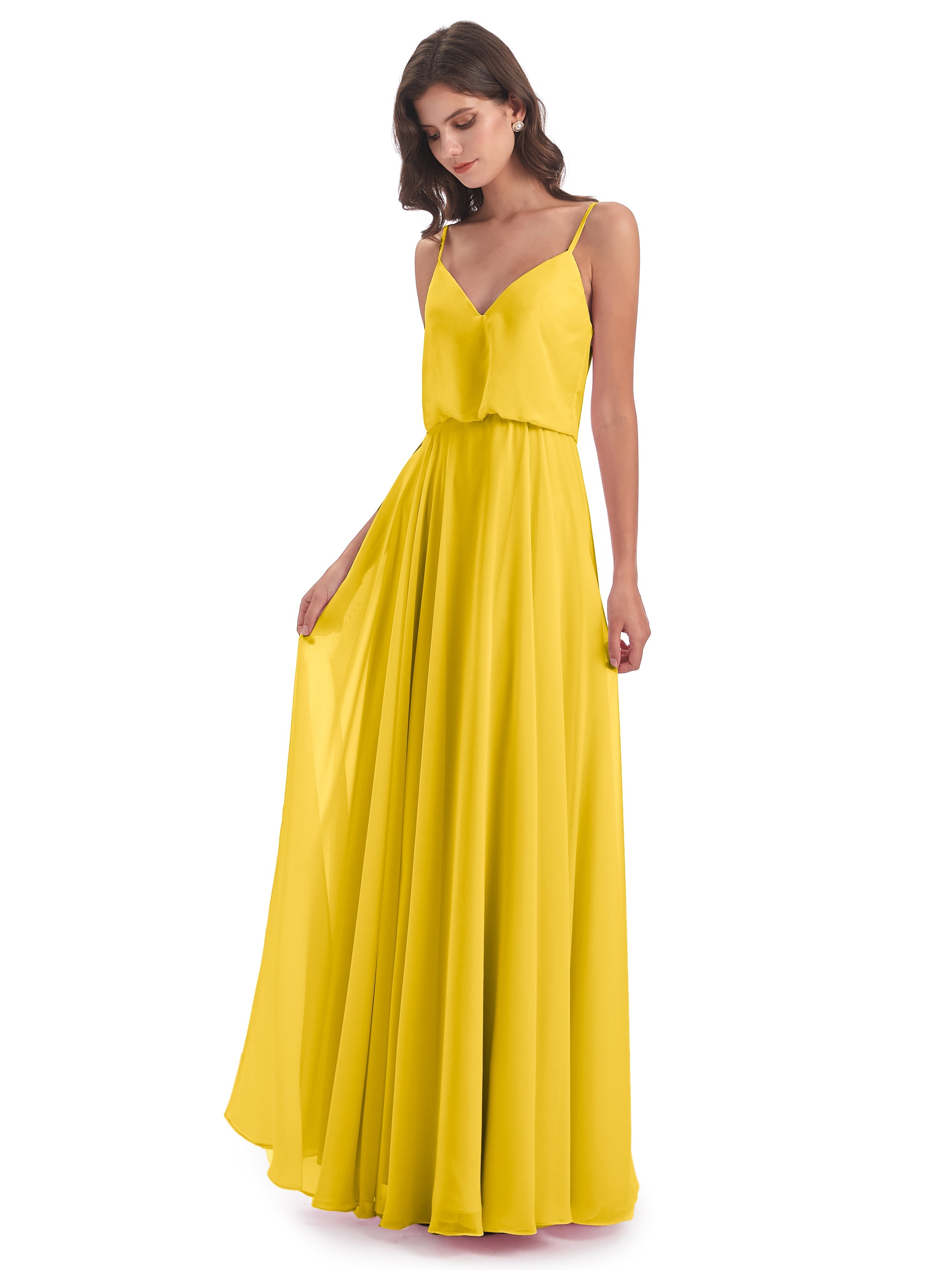 Robe De Demoiselle D'Honneur Souci Bretelles Spaghetti Mousseline Longue Robes Demoiselle D'Honneur