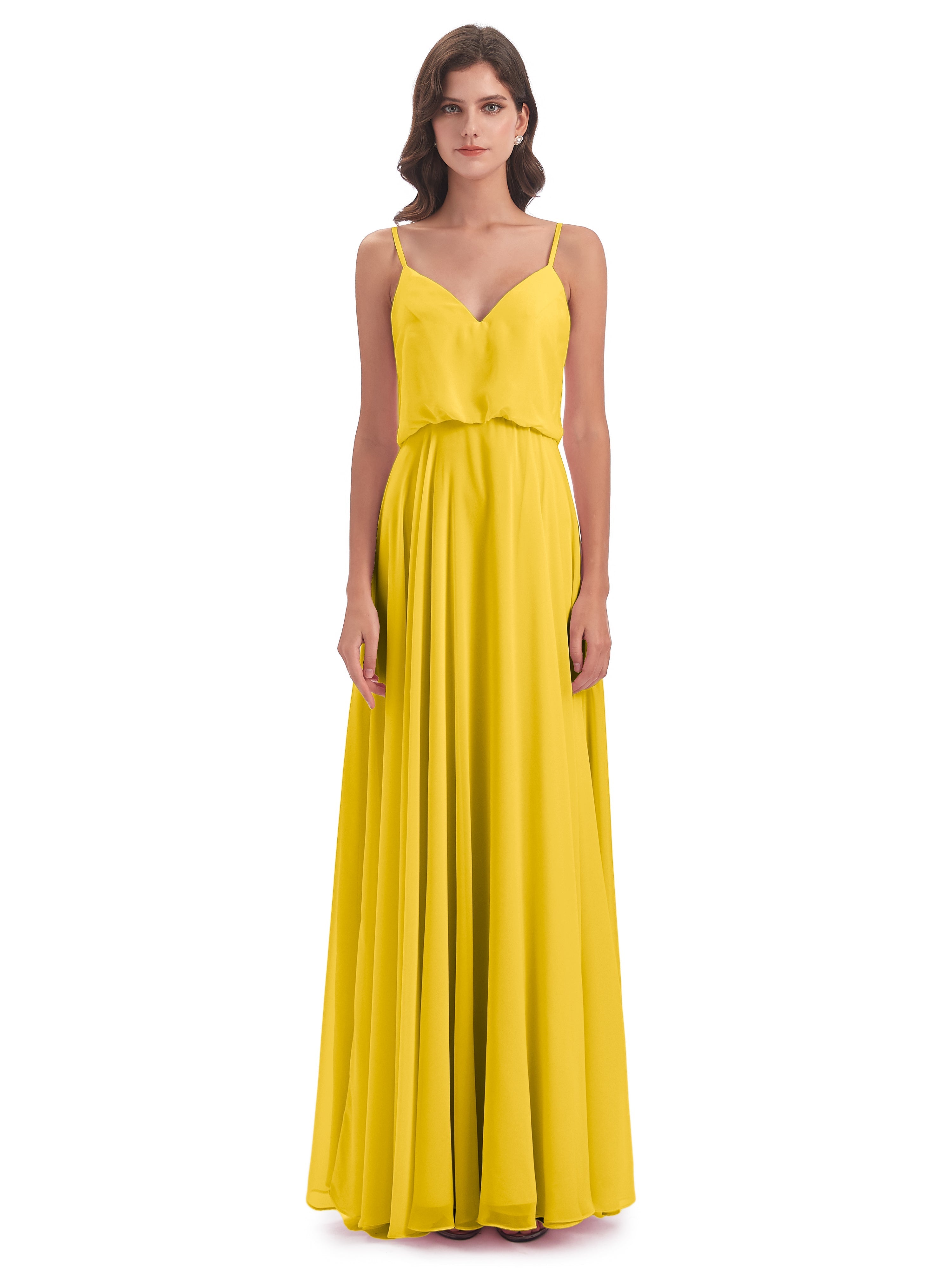 Robe De Demoiselle D'Honneur Souci Bretelles Spaghetti Mousseline Longue Robes Demoiselle D'Honneur