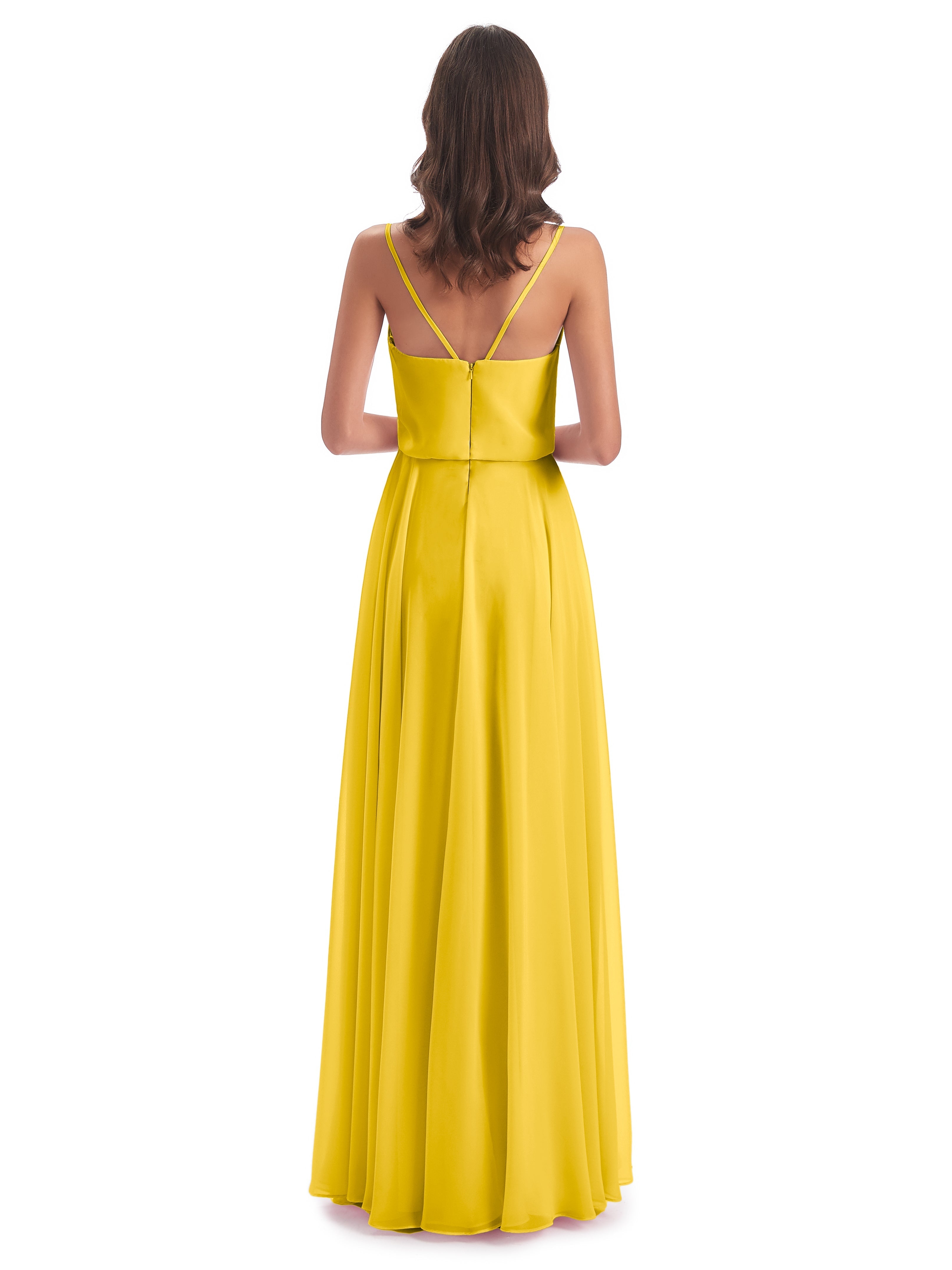 Robe De Demoiselle D'Honneur Souci Bretelles Spaghetti Mousseline Longue Robes Demoiselle D'Honneur