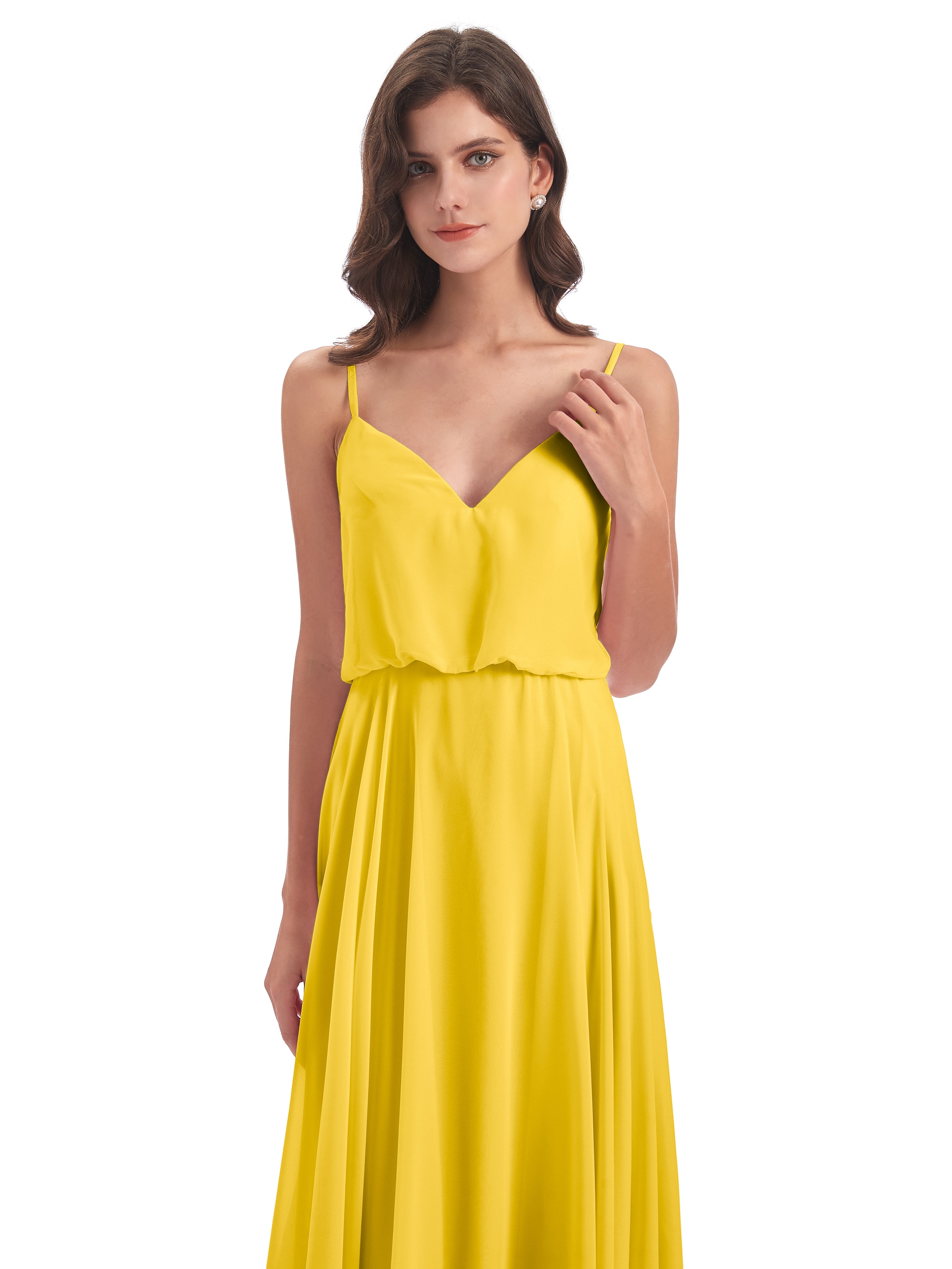 Robe De Demoiselle D'Honneur Souci Bretelles Spaghetti Mousseline Longue Robes Demoiselle D'Honneur