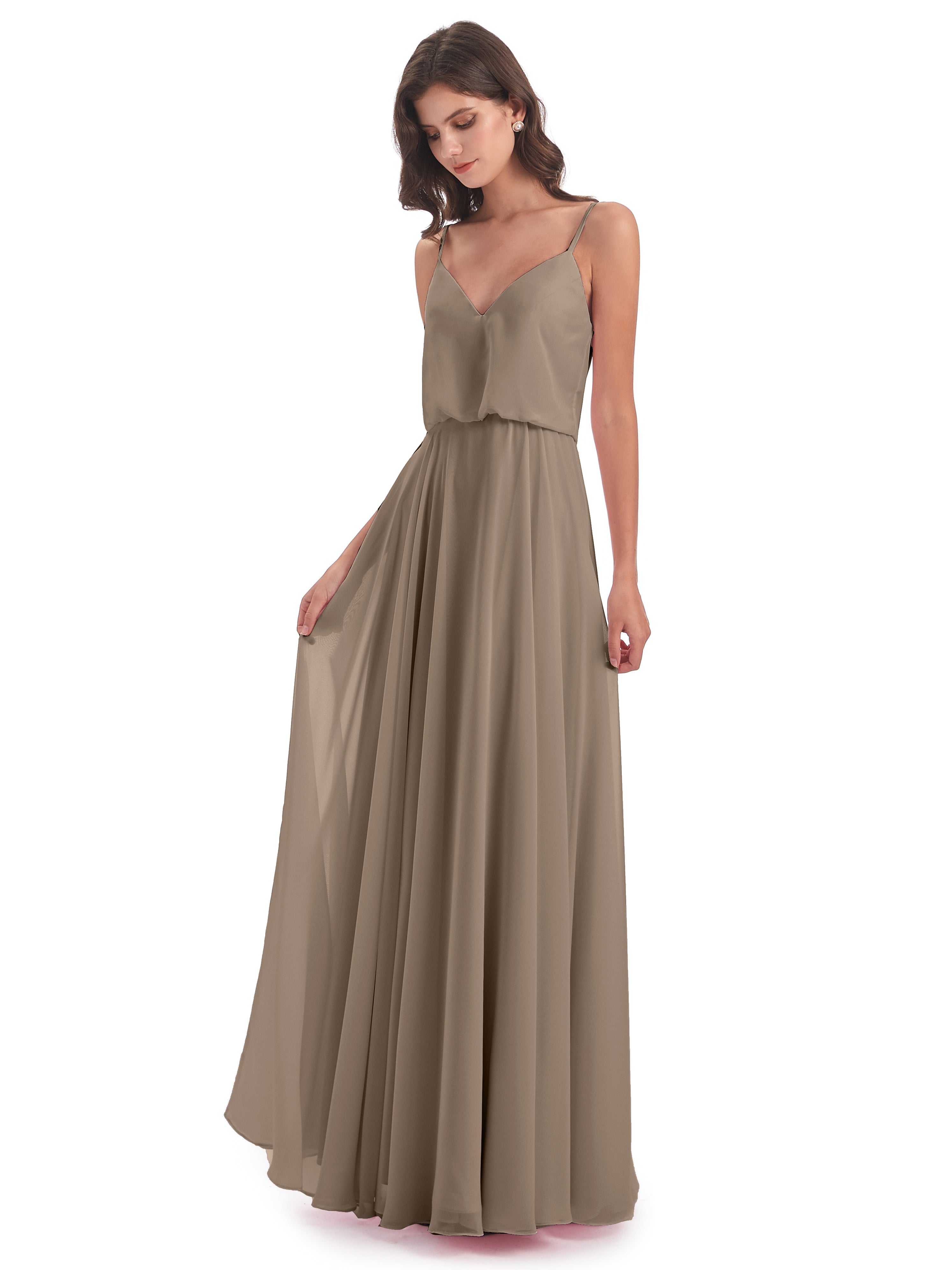 Robe Taupe Demoiselle D Honneur Bretelles Spaghetti Mousseline Longue Robes Demoiselle D'Honneur