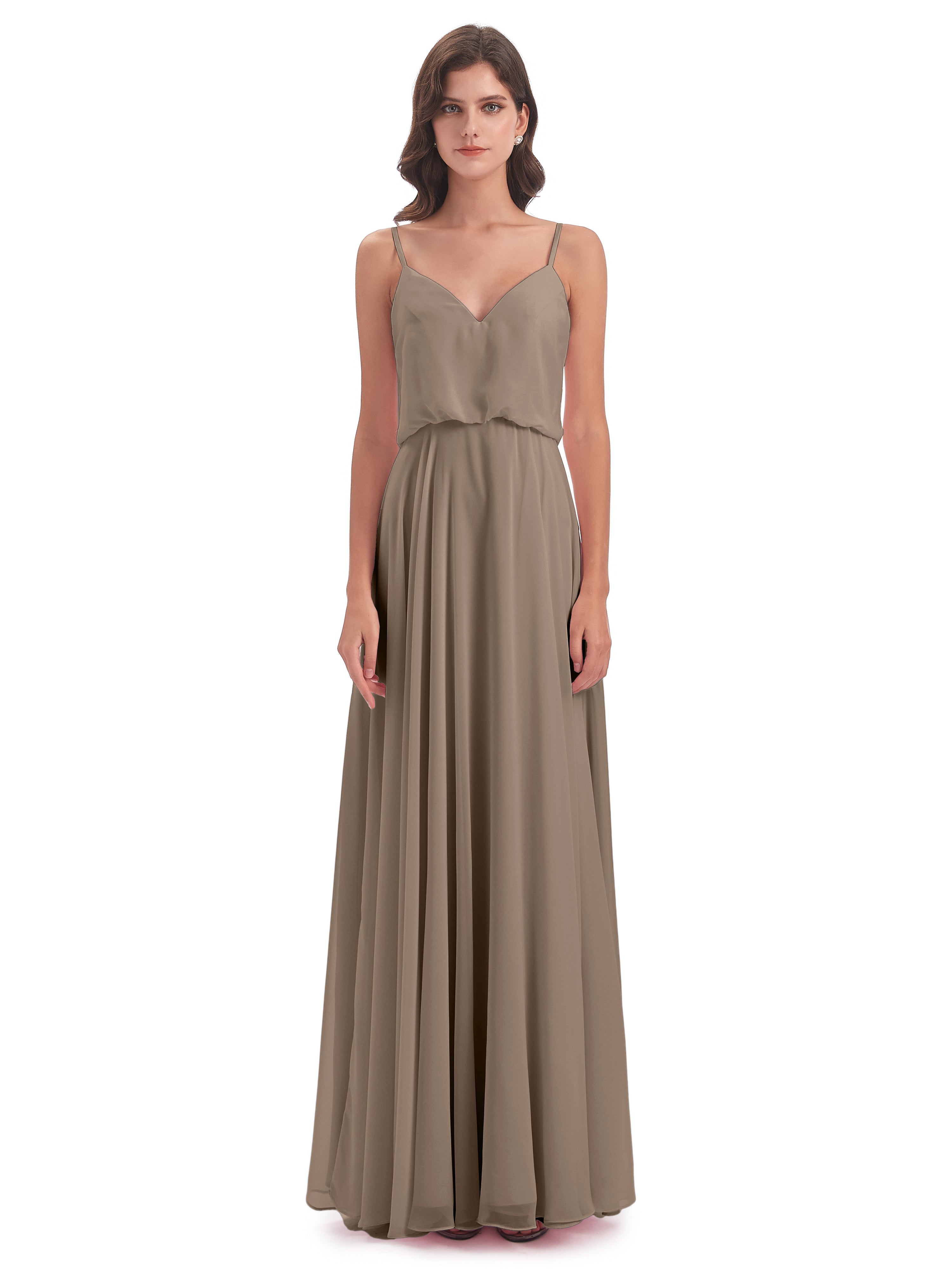Robe Taupe Demoiselle D Honneur Bretelles Spaghetti Mousseline Longue Robes Demoiselle D'Honneur