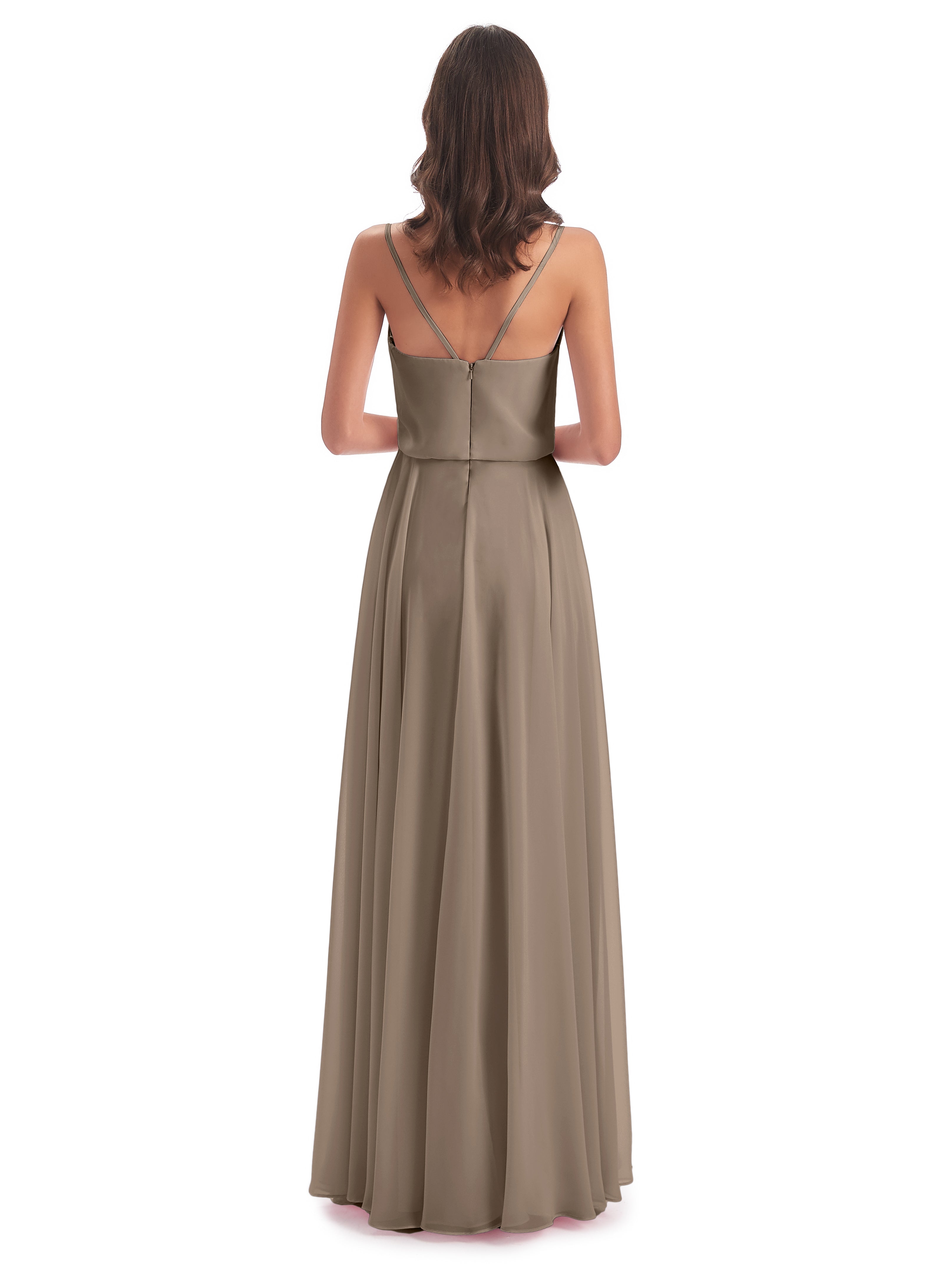 Robe Taupe Demoiselle D Honneur Bretelles Spaghetti Mousseline Longue Robes Demoiselle D'Honneur