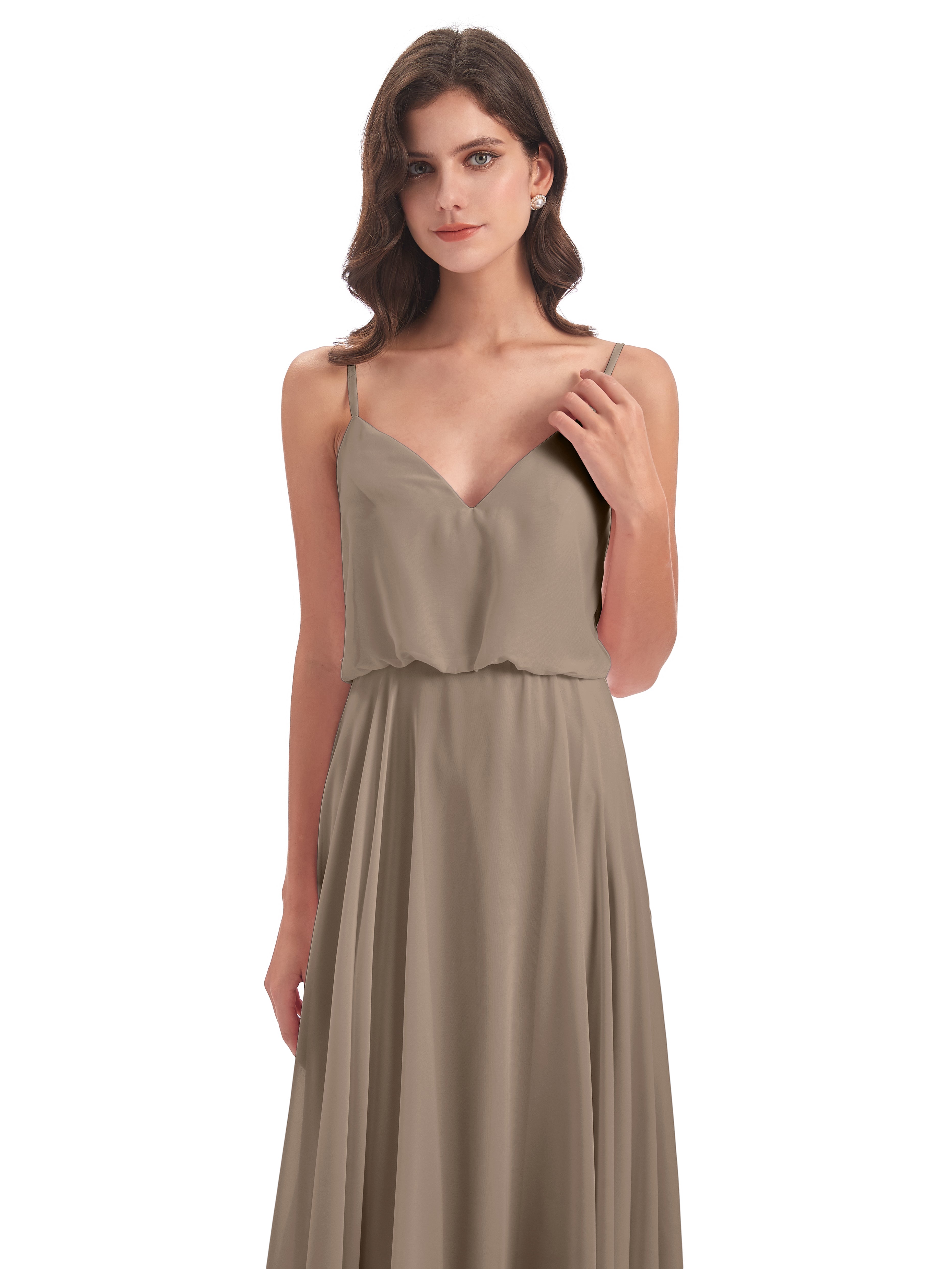 Robe Taupe Demoiselle D Honneur Bretelles Spaghetti Mousseline Longue Robes Demoiselle D'Honneur