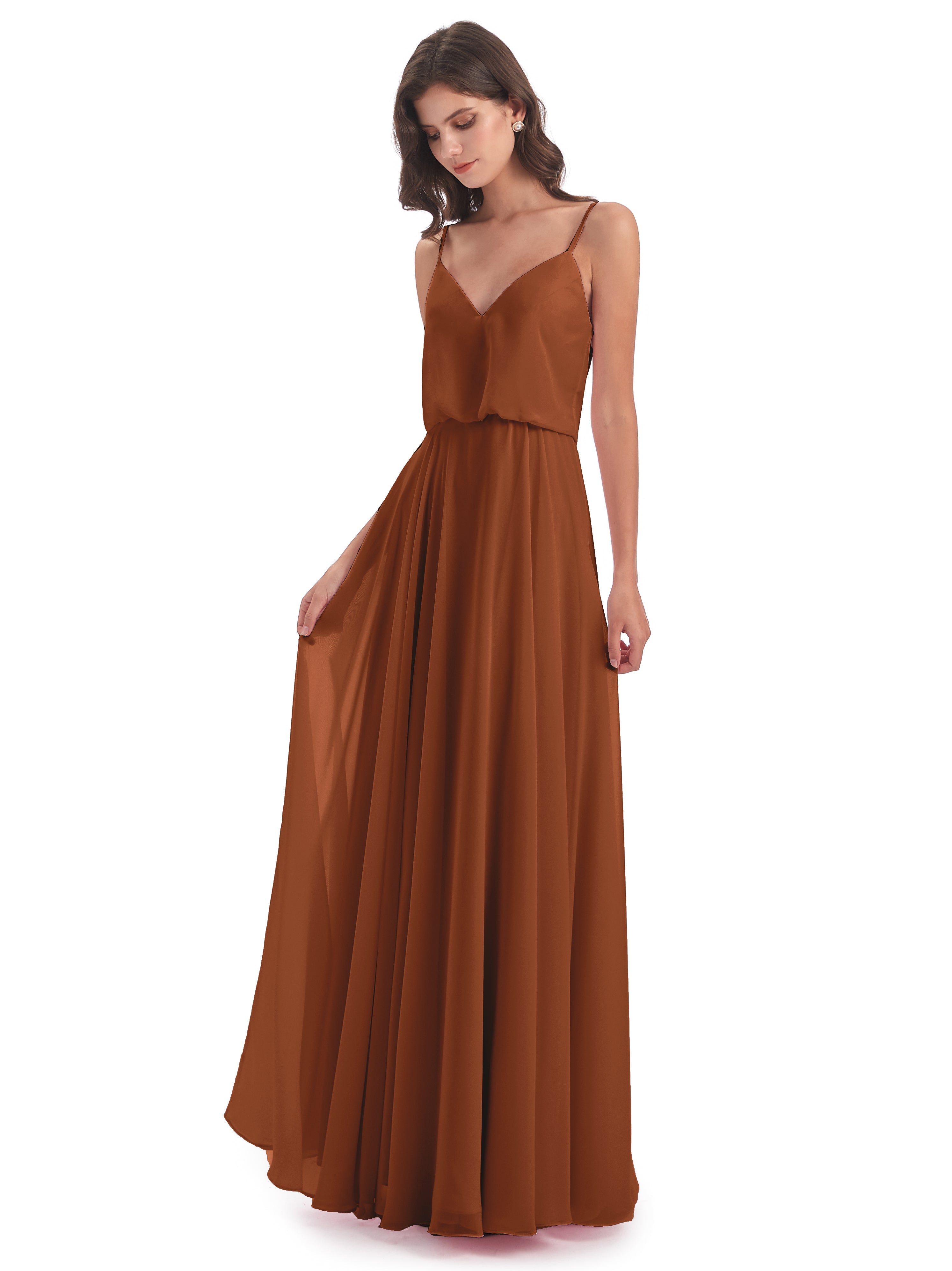 Robe Demoiselle D Honneur Terre Cuite Bretelles Spaghetti Mousseline Longue Robes Demoiselle D'Honneur