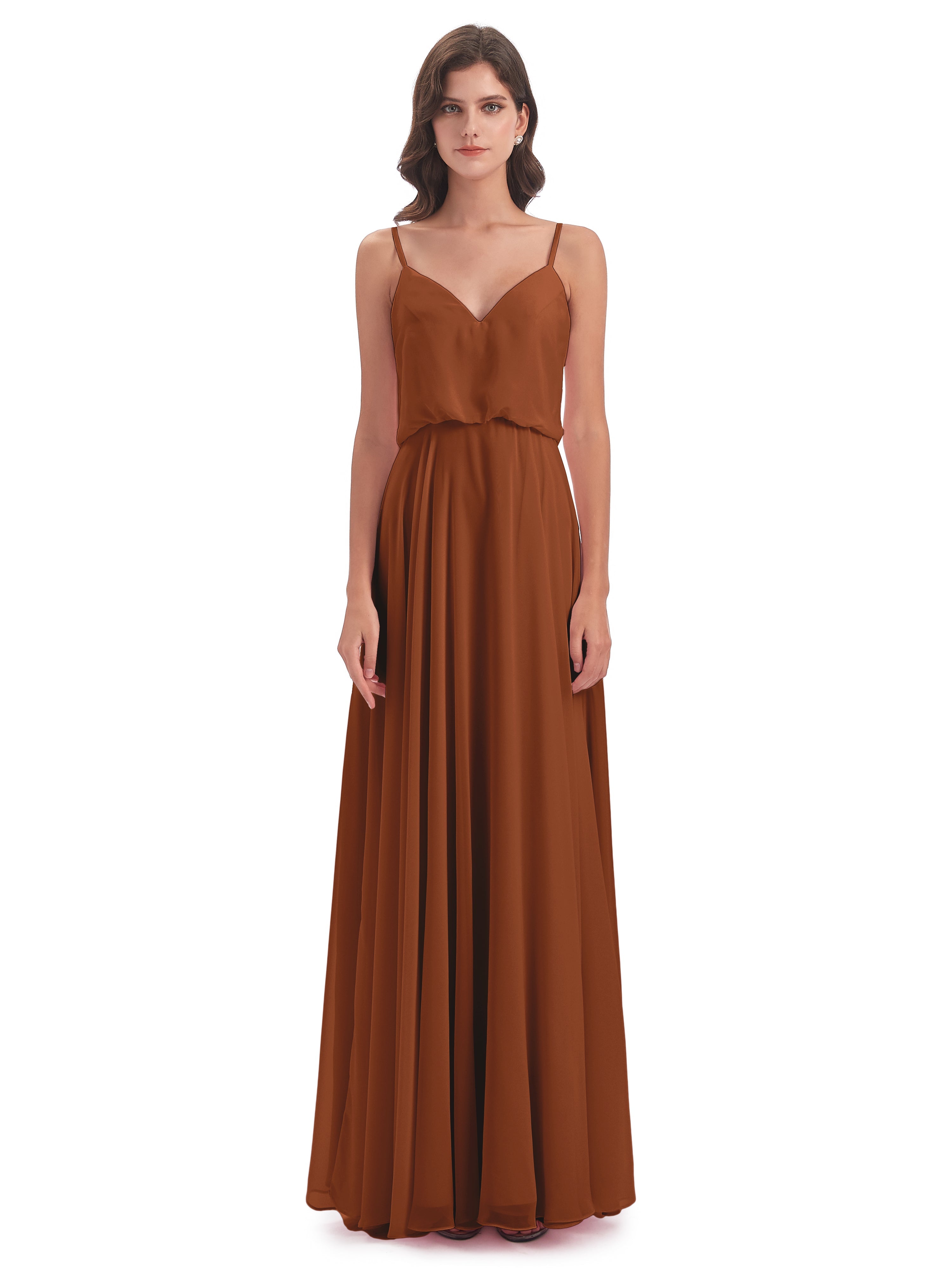 Robe Demoiselle D Honneur Terre Cuite Bretelles Spaghetti Mousseline Longue Robes Demoiselle D'Honneur
