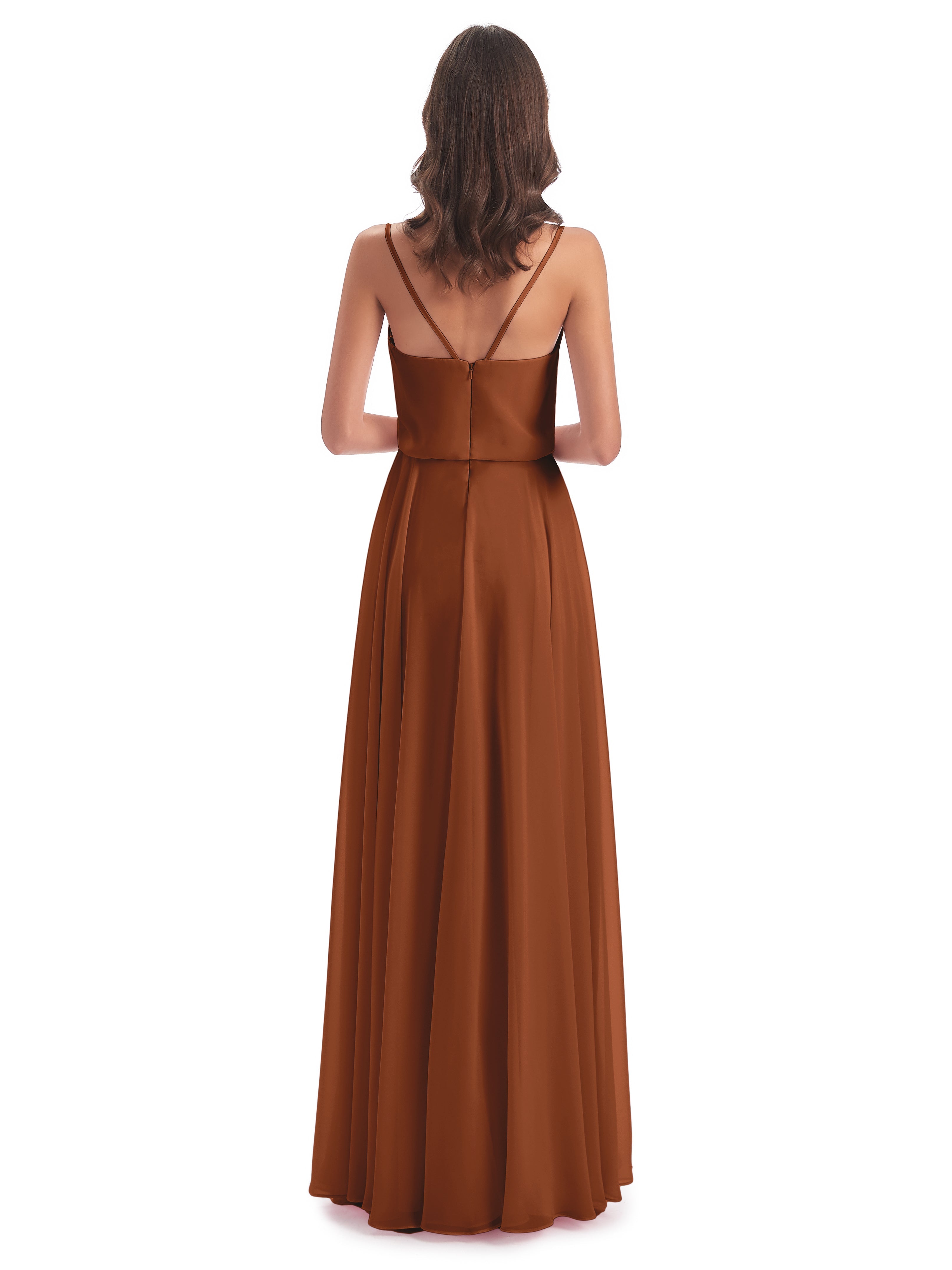 Robe Demoiselle D Honneur Terre Cuite Bretelles Spaghetti Mousseline Longue Robes Demoiselle D'Honneur