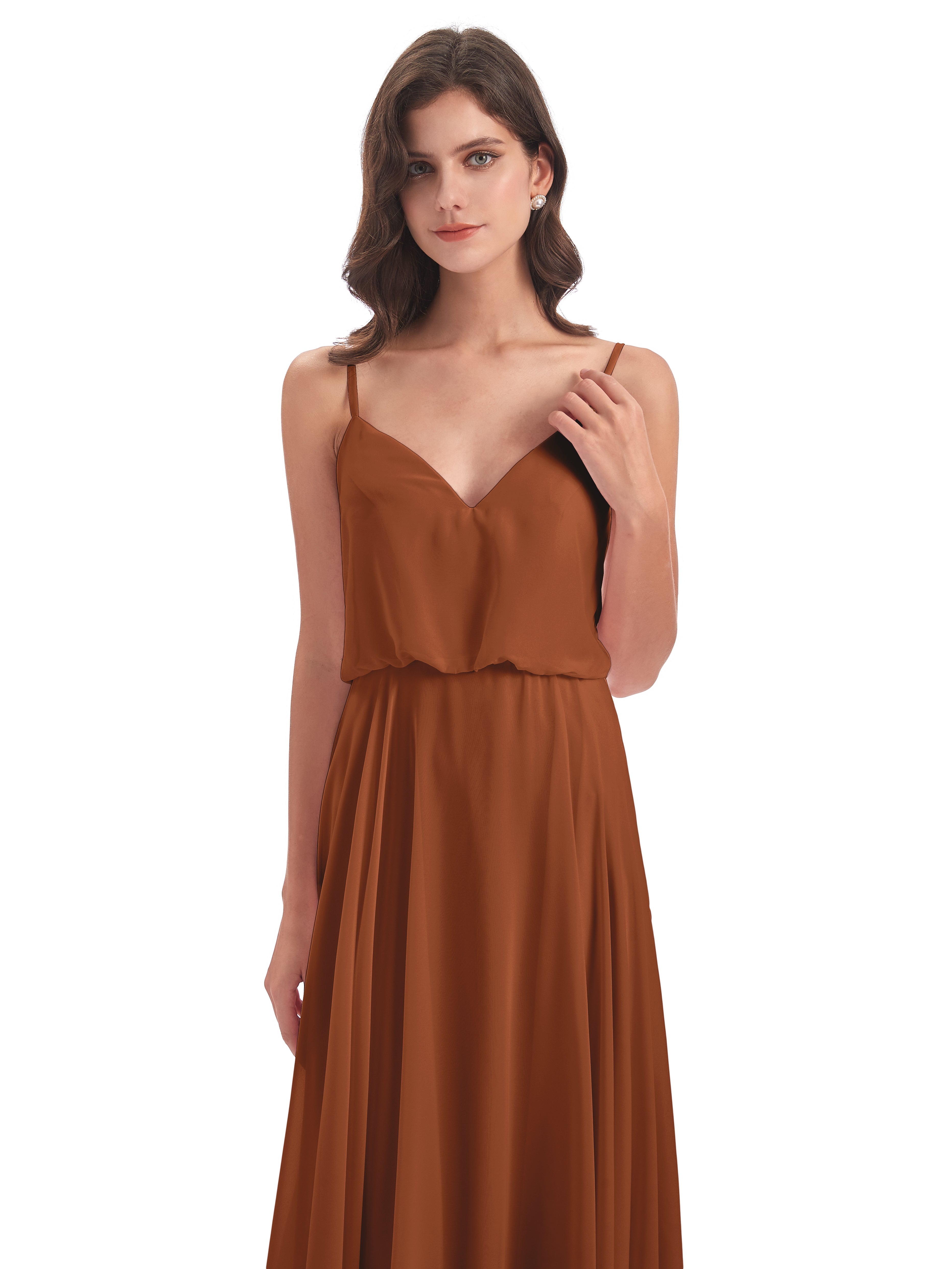 Robe Demoiselle D Honneur Terre Cuite Bretelles Spaghetti Mousseline Longue Robes Demoiselle D'Honneur