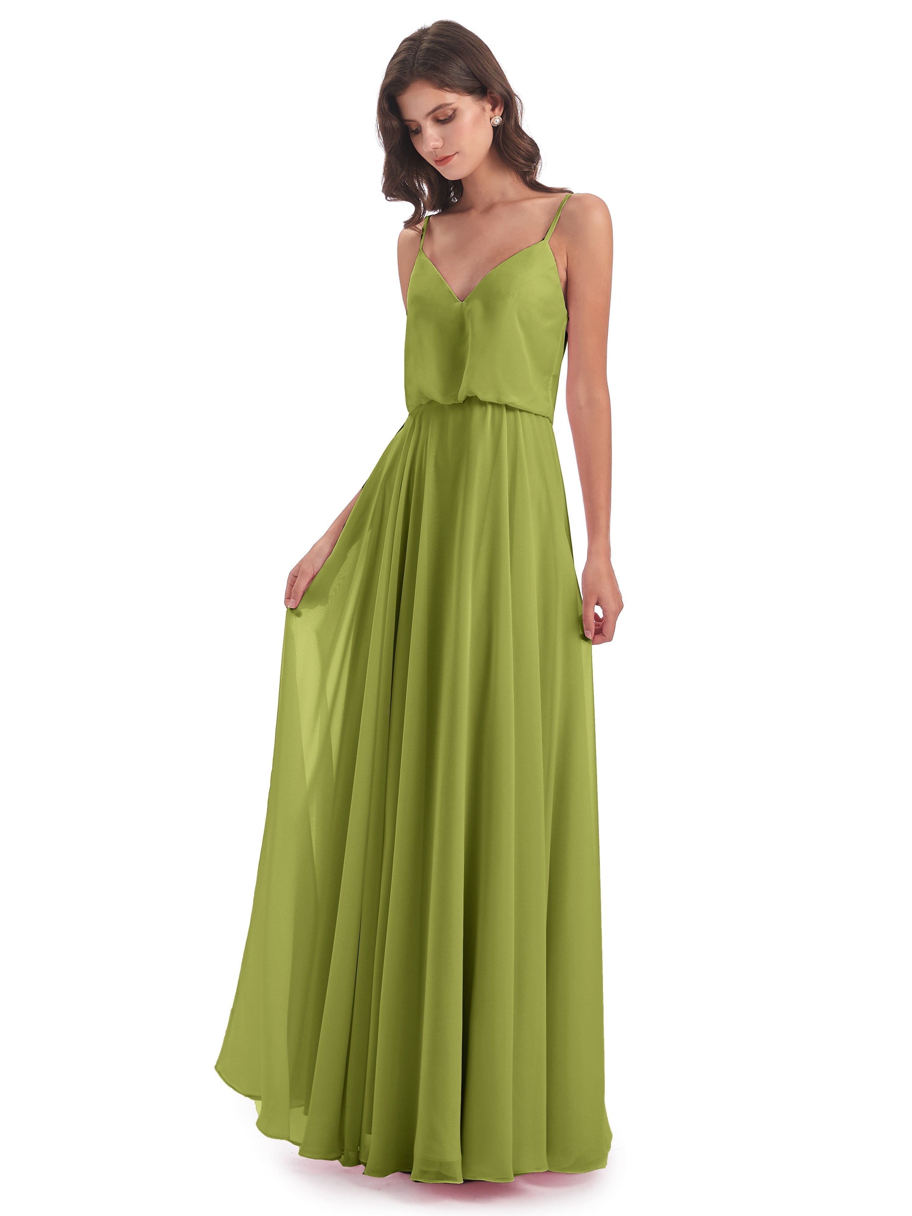 Robes De Demoiselle D'Honneur Trèfle Bretelles Spaghetti Mousseline Longue Robes Demoiselle D'Honneur