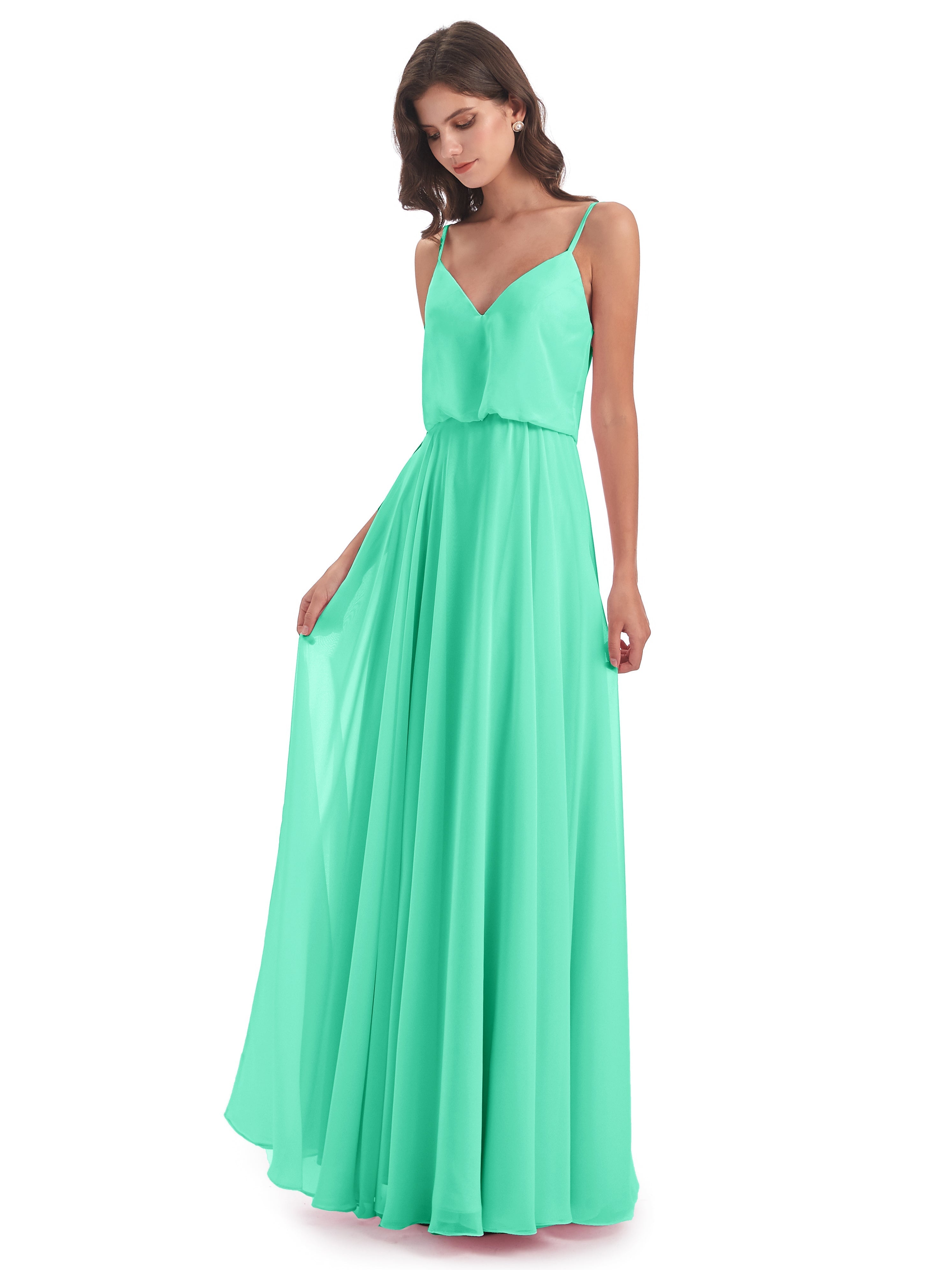 Robe Bleu Turquoise Demoiselle D Honneur Bretelles Spaghetti Mousseline Longue Robes Demoiselle D'Honneur