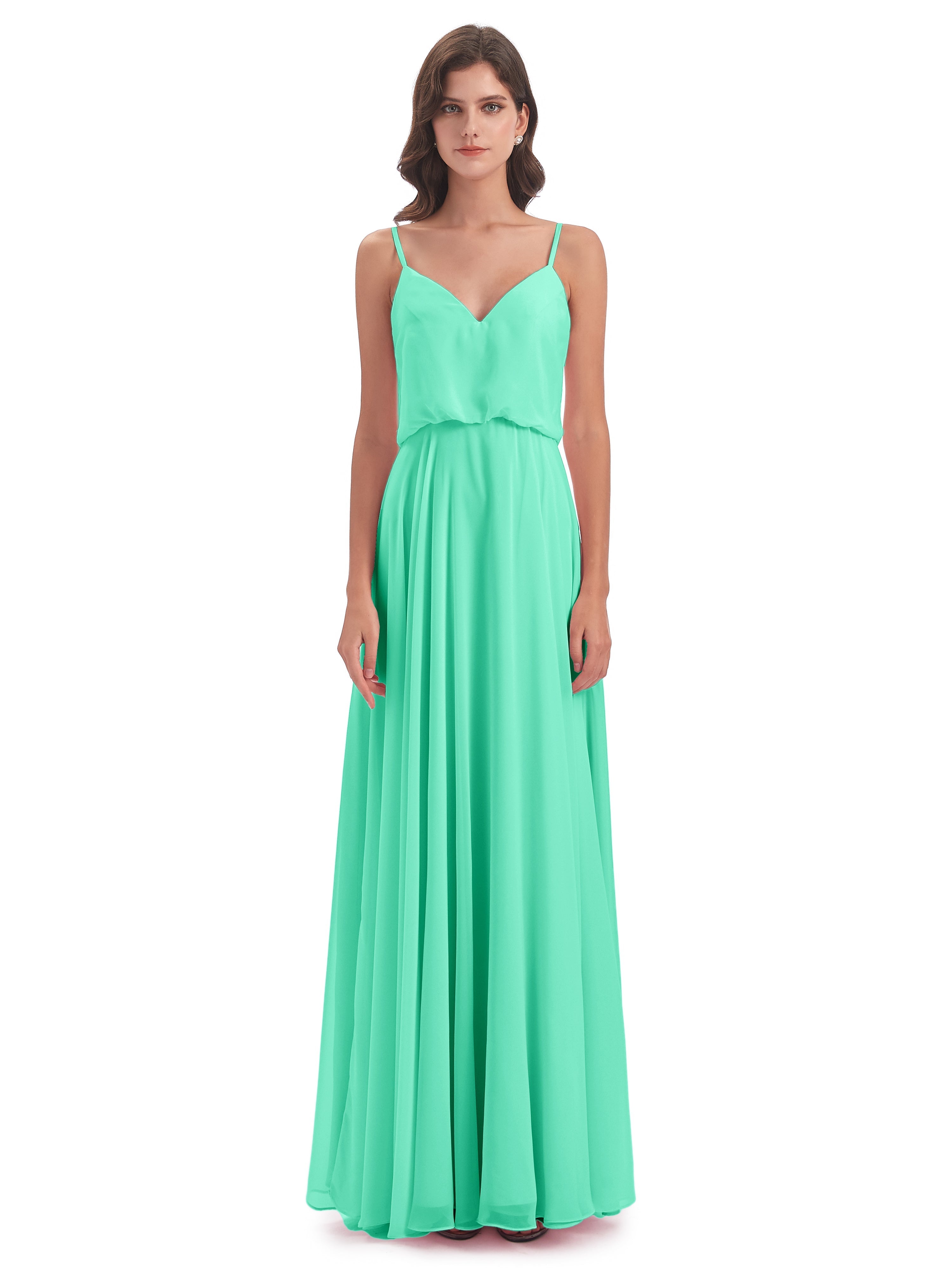 Robe Bleu Turquoise Demoiselle D Honneur Bretelles Spaghetti Mousseline Longue Robes Demoiselle D'Honneur