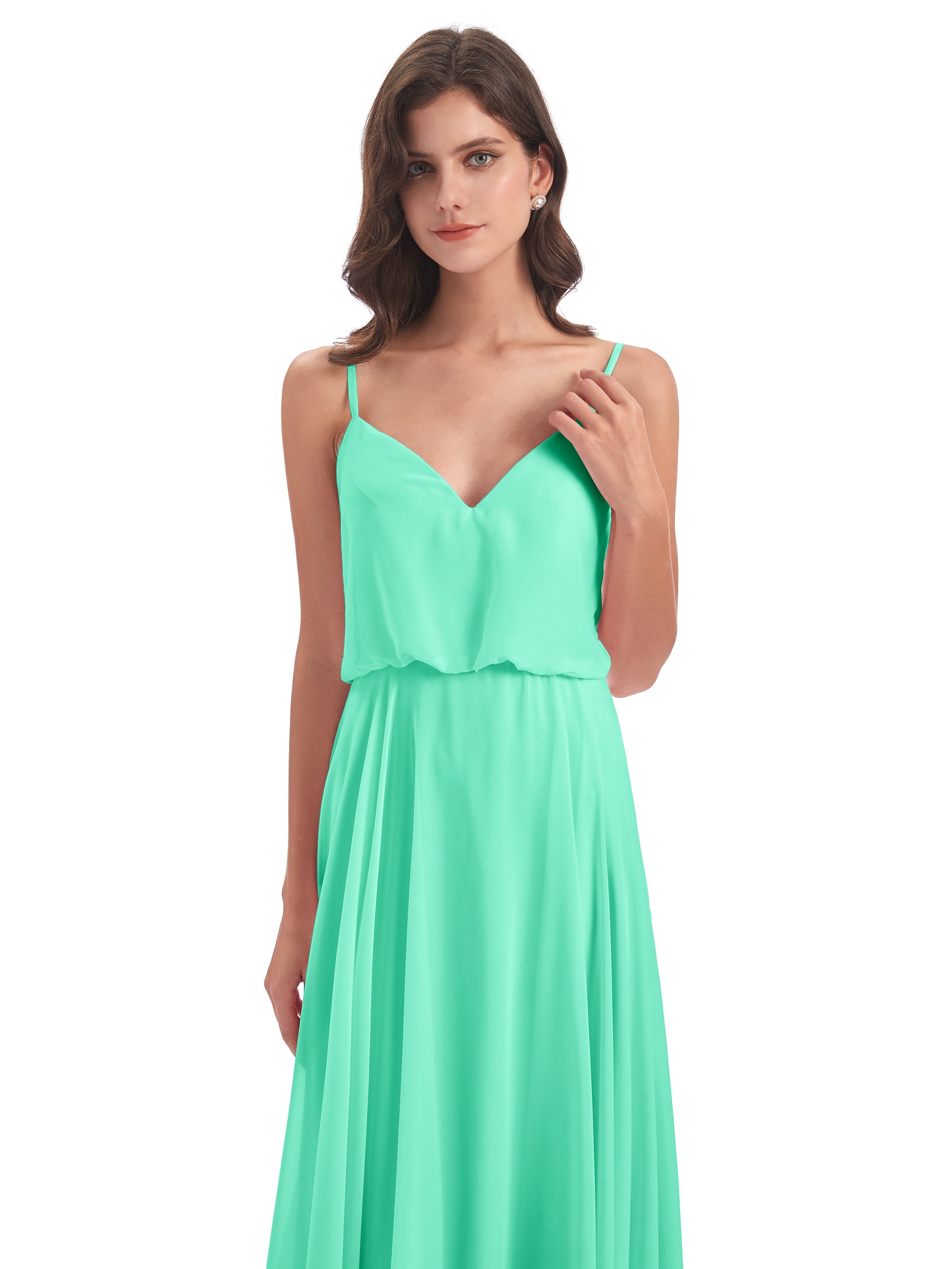 Robe Bleu Turquoise Demoiselle D Honneur Bretelles Spaghetti Mousseline Longue Robes Demoiselle D'Honneur