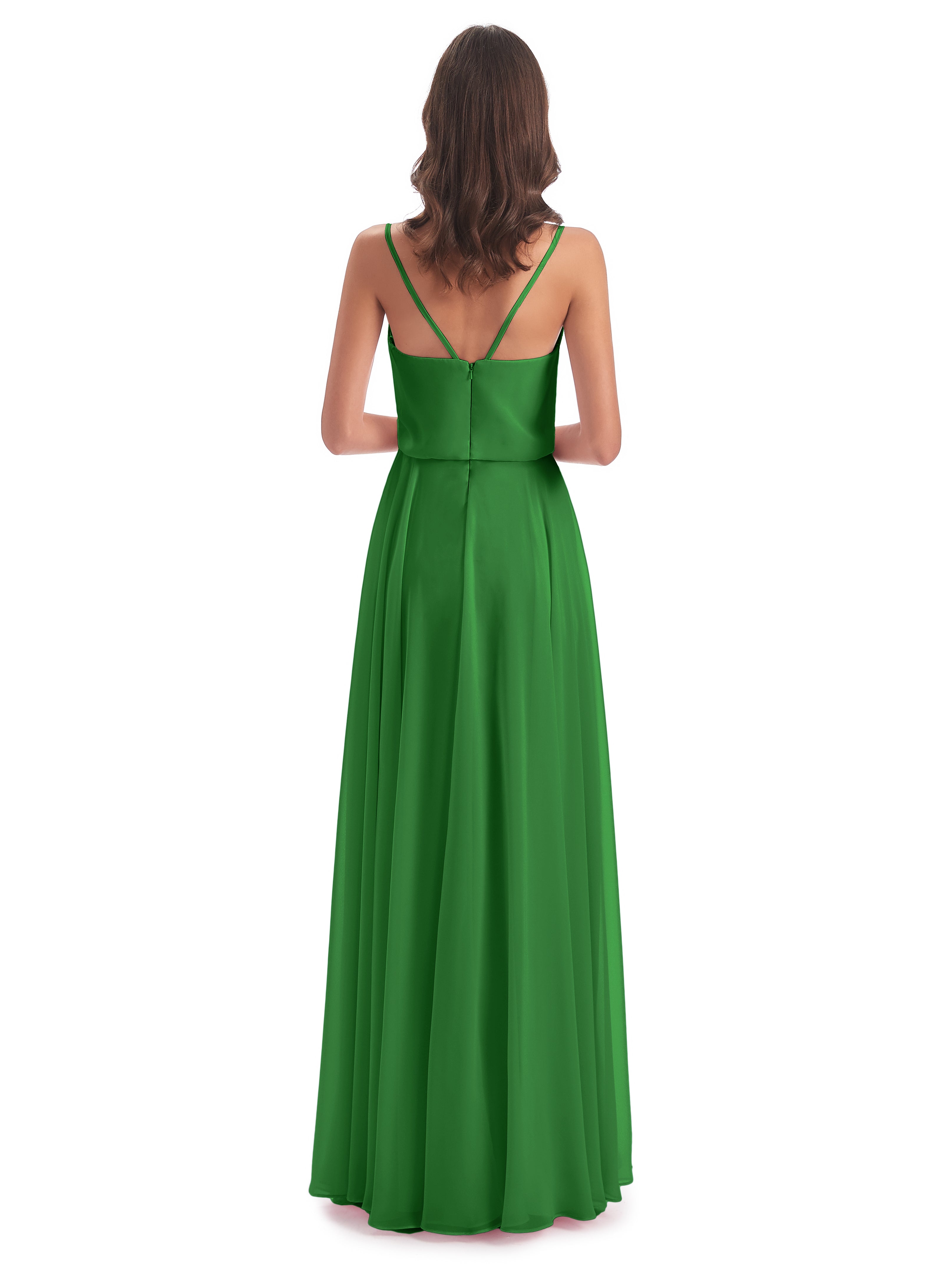 Robes De Demoiselle D'Honneur Vert Pin Bretelles Spaghetti Mousseline Longue Robes Demoiselle D'Honneur