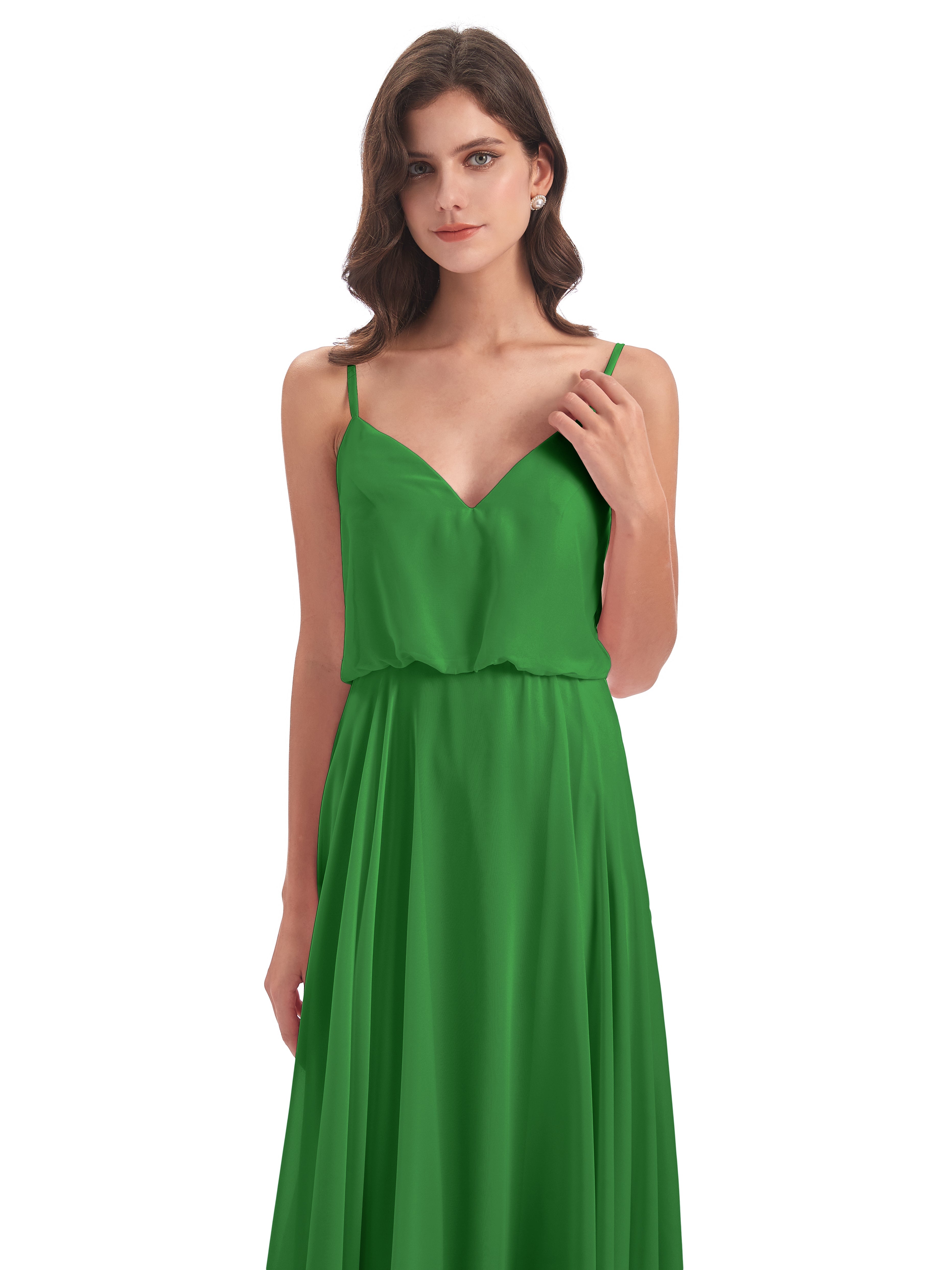 Robes De Demoiselle D'Honneur Vert Pin Bretelles Spaghetti Mousseline Longue Robes Demoiselle D'Honneur