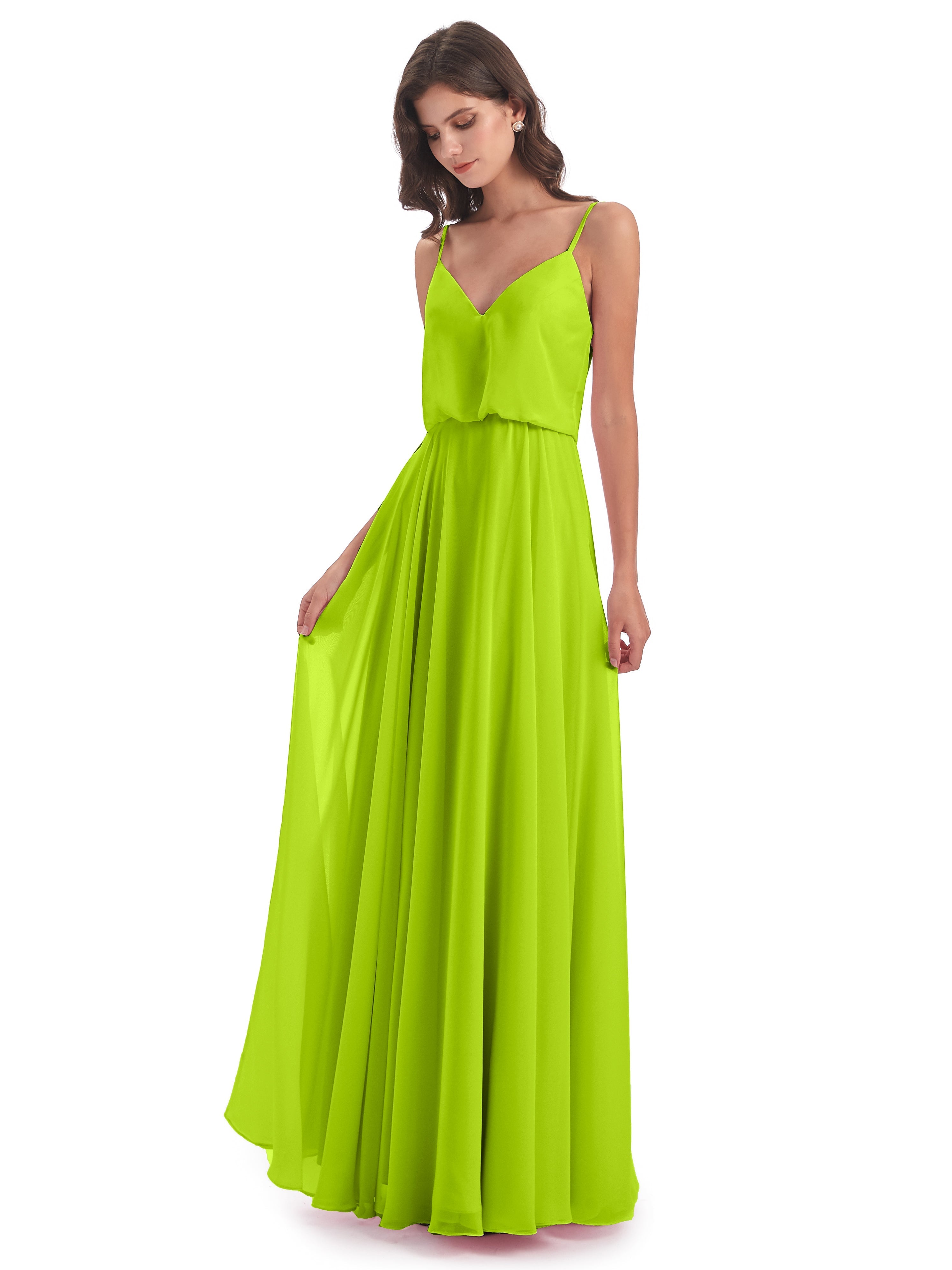 Robes De Demoiselle D'Honneur Vert Citron Bretelles Spaghetti Mousseline Longue Robes Demoiselle D'Honneur