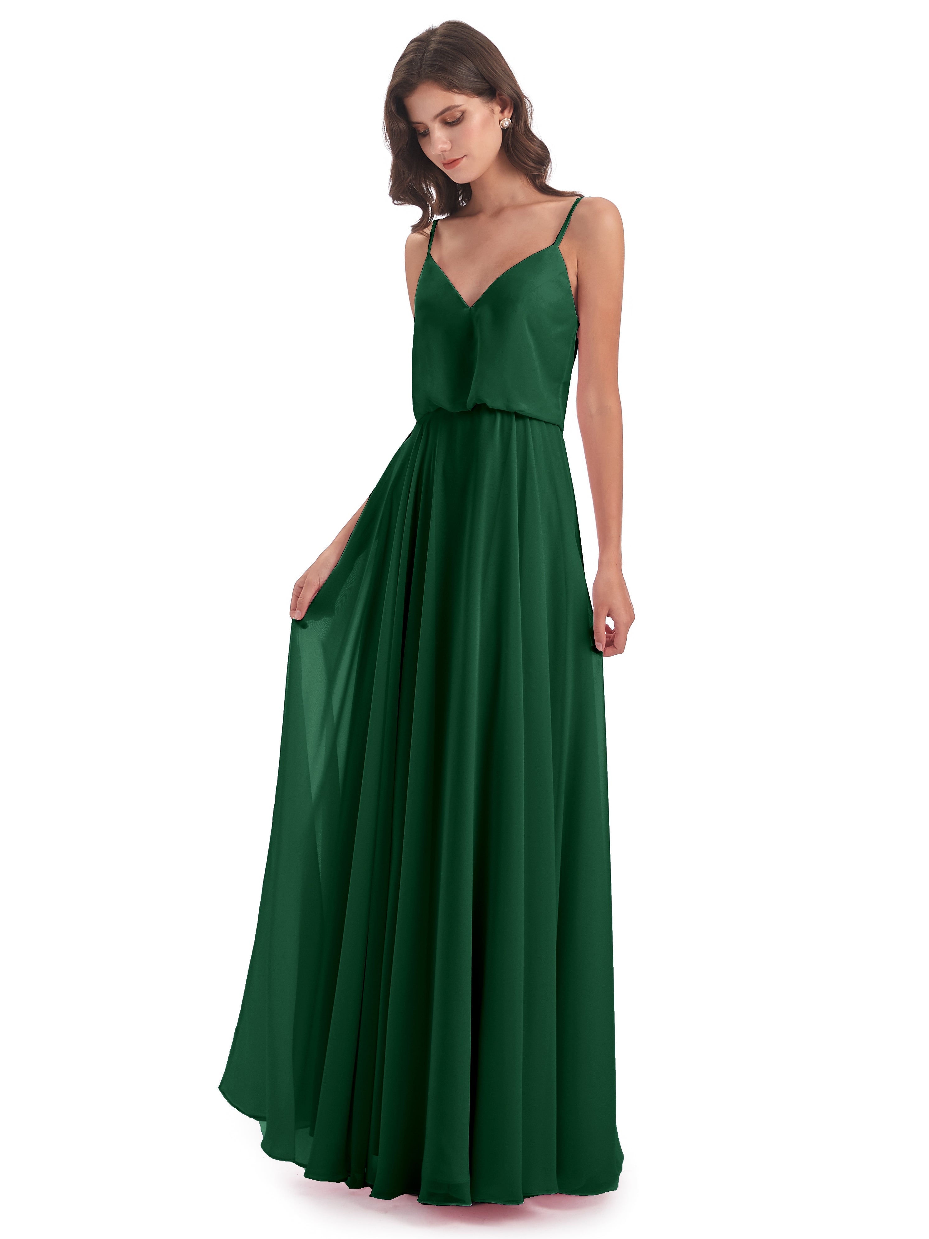 Robes De Demoiselle D'Honneur Vert Foncé Bretelles Spaghetti Mousseline Longue Robes Demoiselle D'Honneur