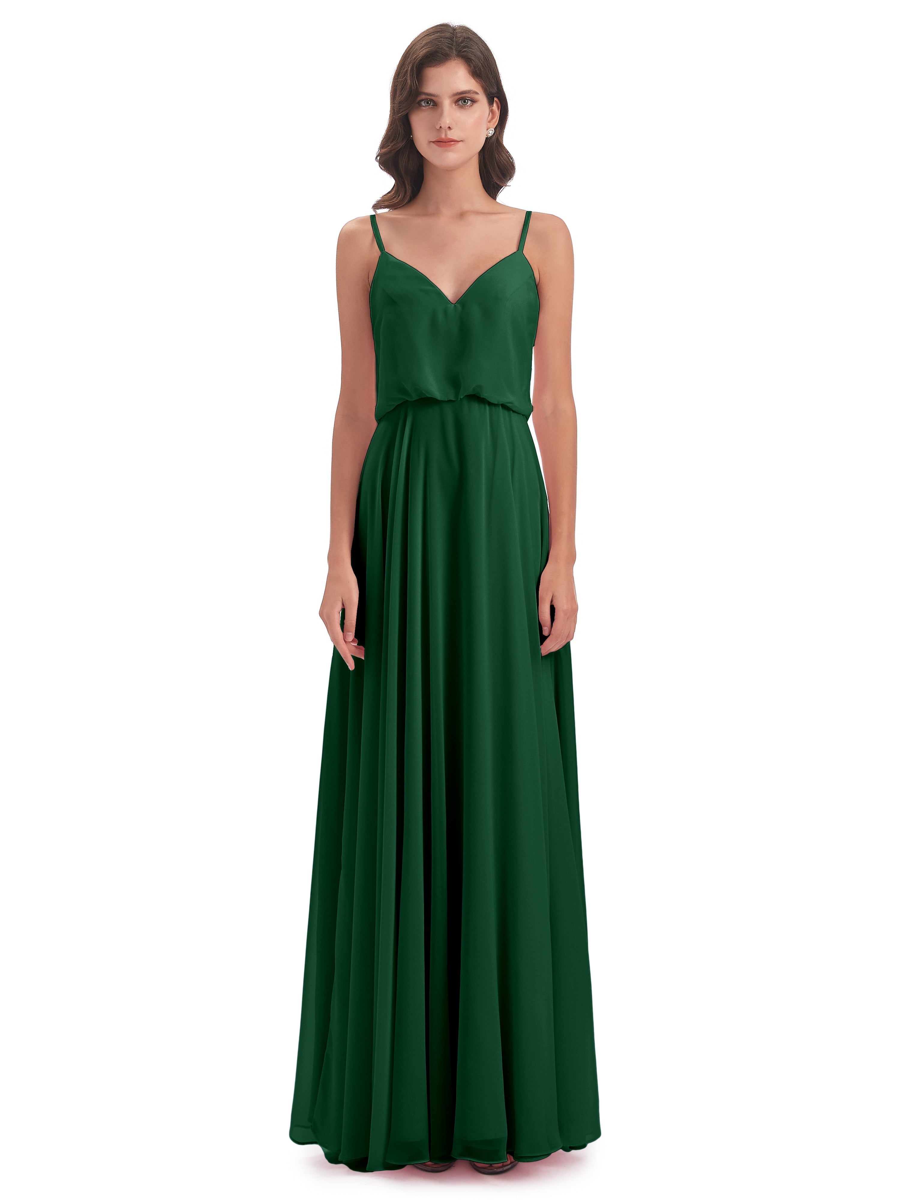 Robes De Demoiselle D'Honneur Vert Foncé Bretelles Spaghetti Mousseline Longue Robes Demoiselle D'Honneur