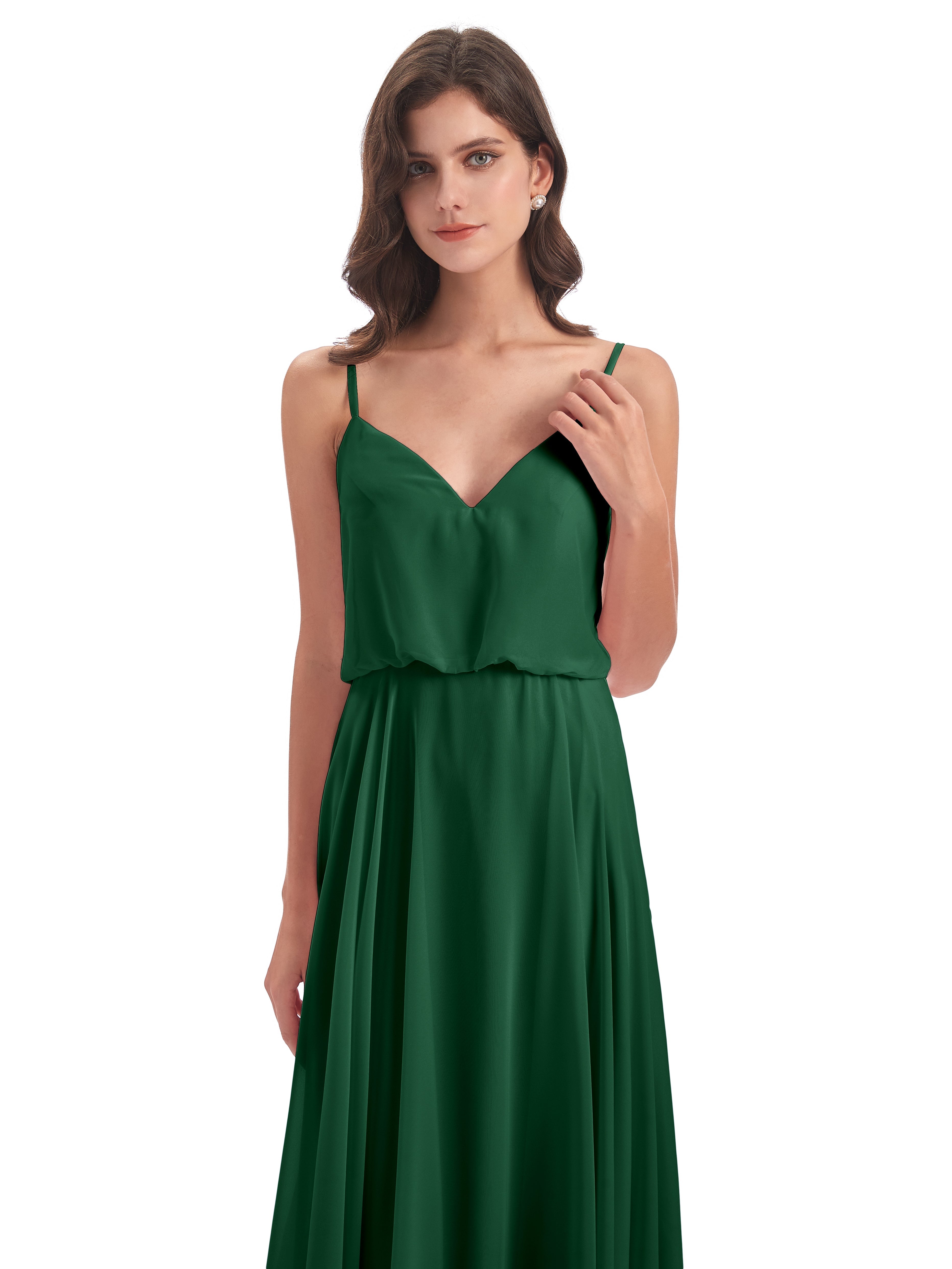 Robes De Demoiselle D'Honneur Vert Foncé Bretelles Spaghetti Mousseline Longue Robes Demoiselle D'Honneur
