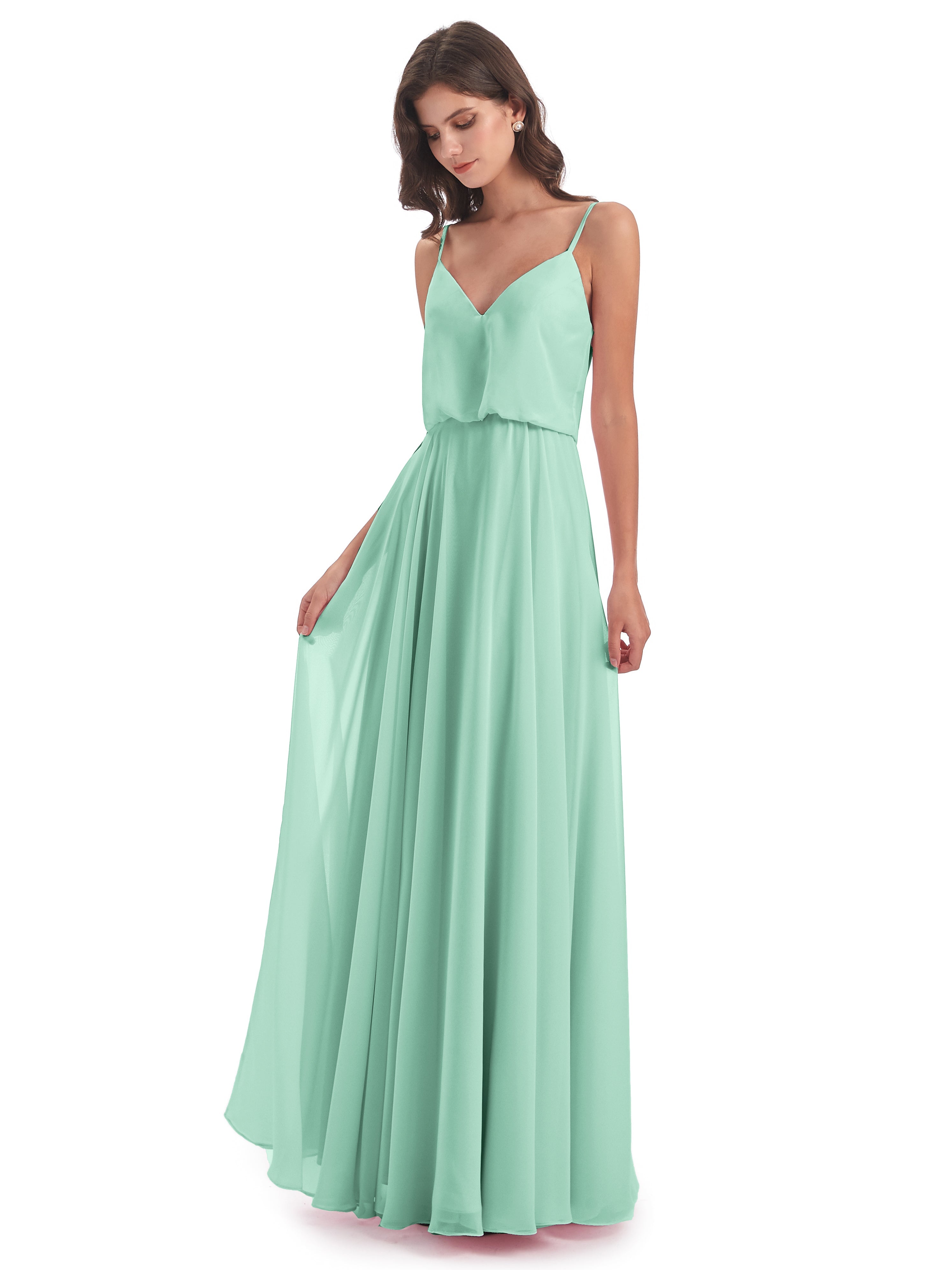 Robes De Demoiselle D'Honneur Vert Menthe Bretelles Spaghetti Mousseline Longue Robes Demoiselle D'Honneur