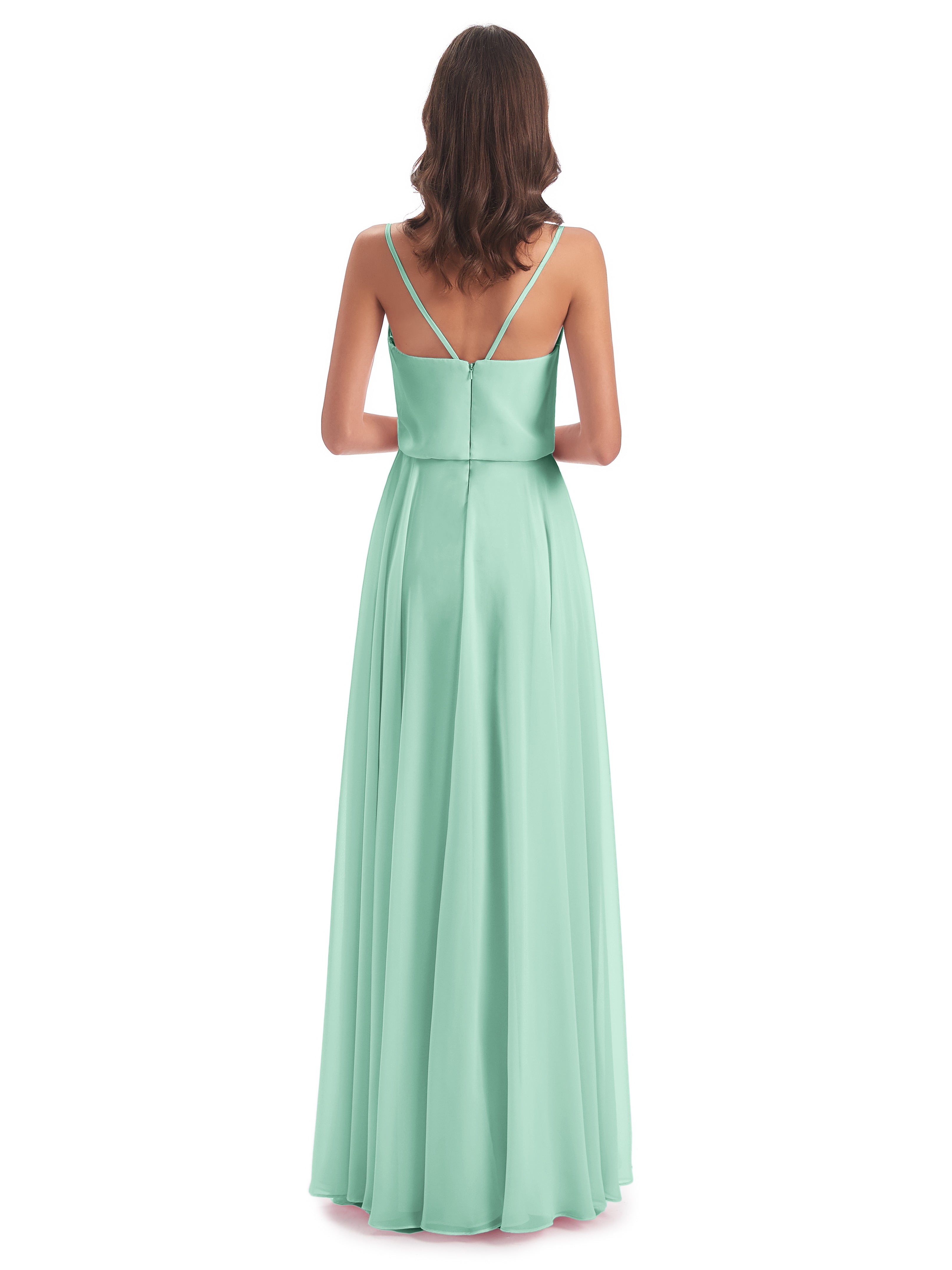 Robes De Demoiselle D'Honneur Vert Menthe Bretelles Spaghetti Mousseline Longue Robes Demoiselle D'Honneur