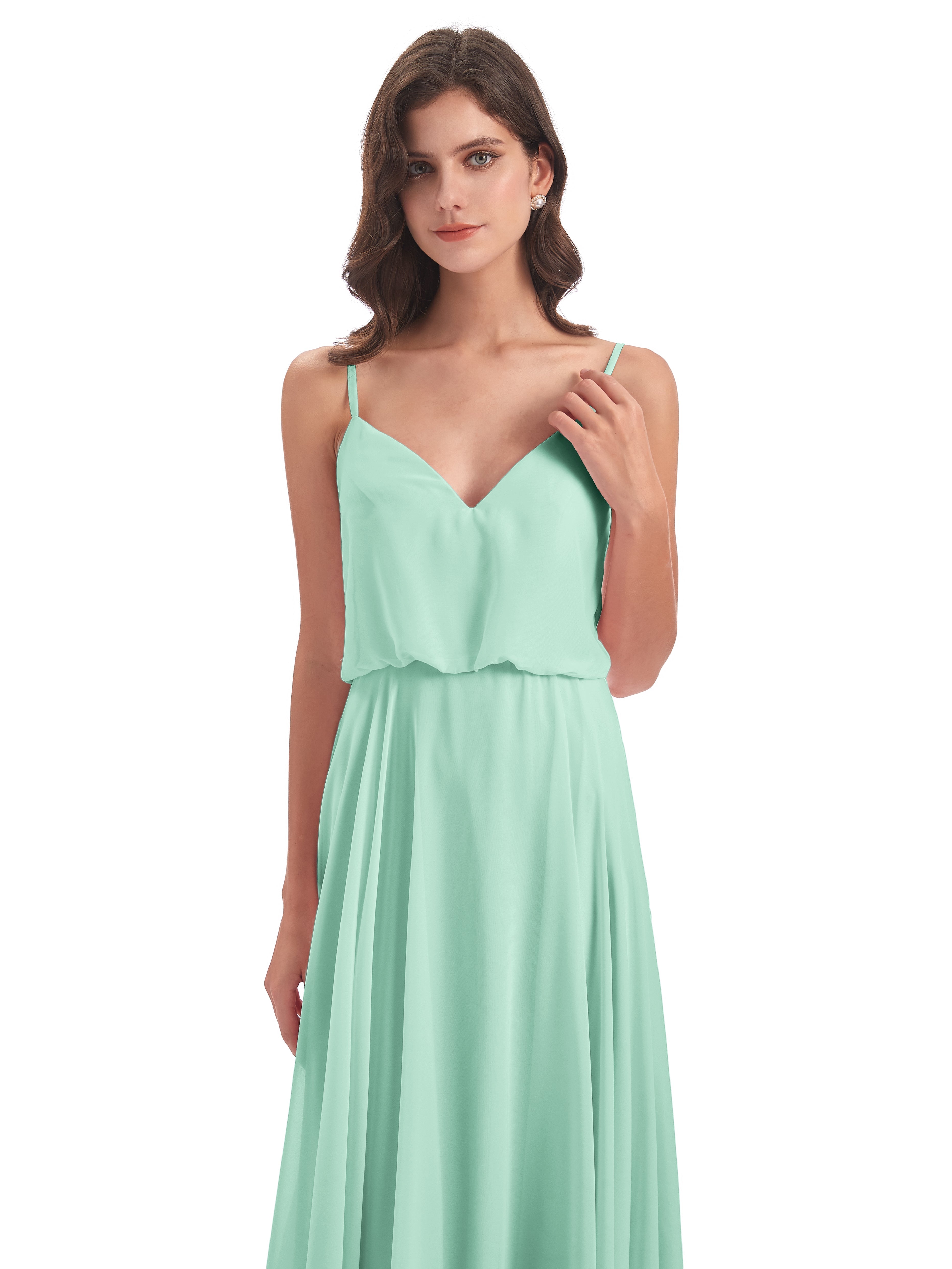 Robes De Demoiselle D'Honneur Vert Menthe Bretelles Spaghetti Mousseline Longue Robes Demoiselle D'Honneur