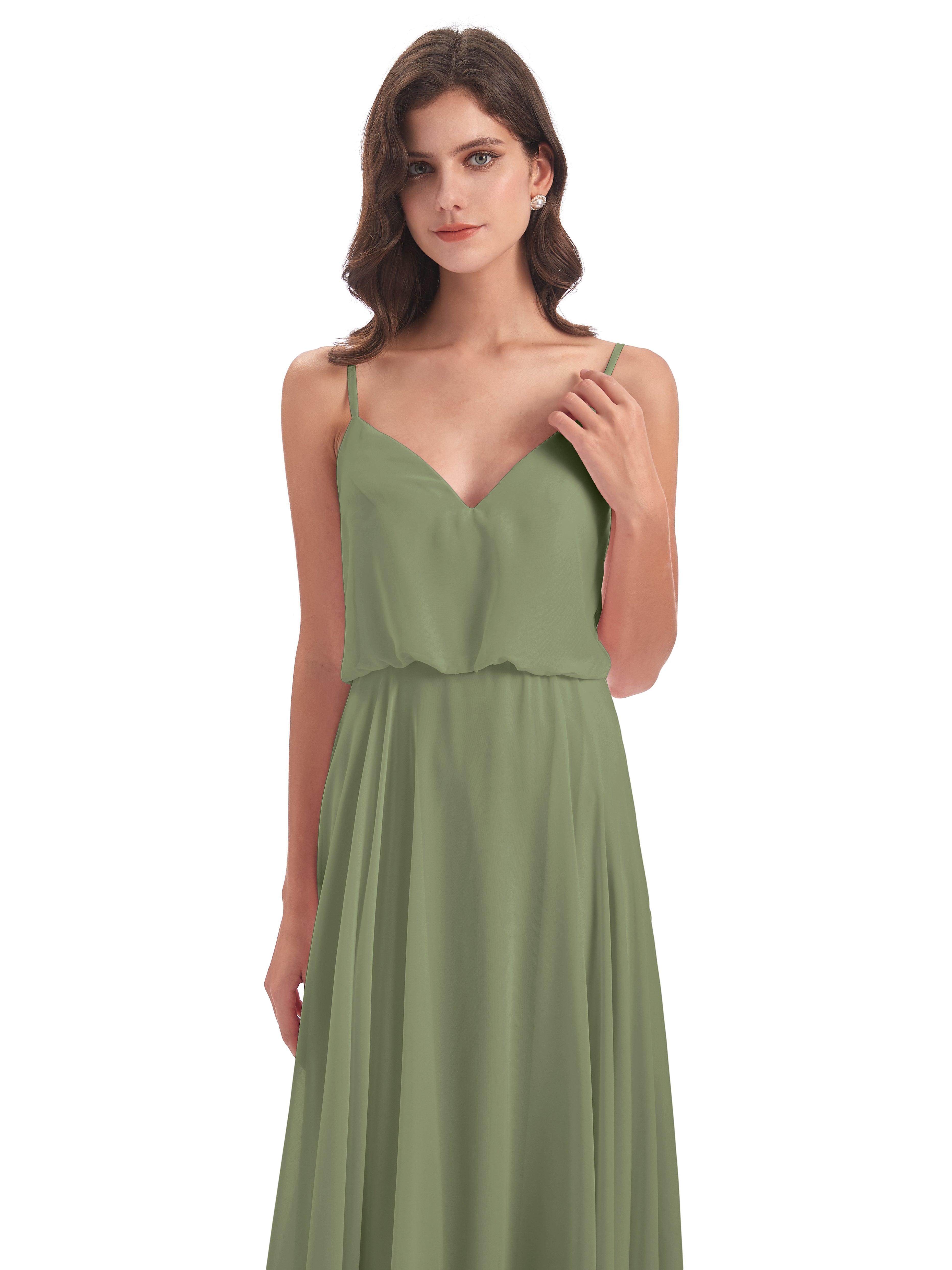 Robes De Demoiselle D'Honneur Vert Olive Bretelles Spaghetti Mousseline Longue Robes Demoiselle D'Honneur