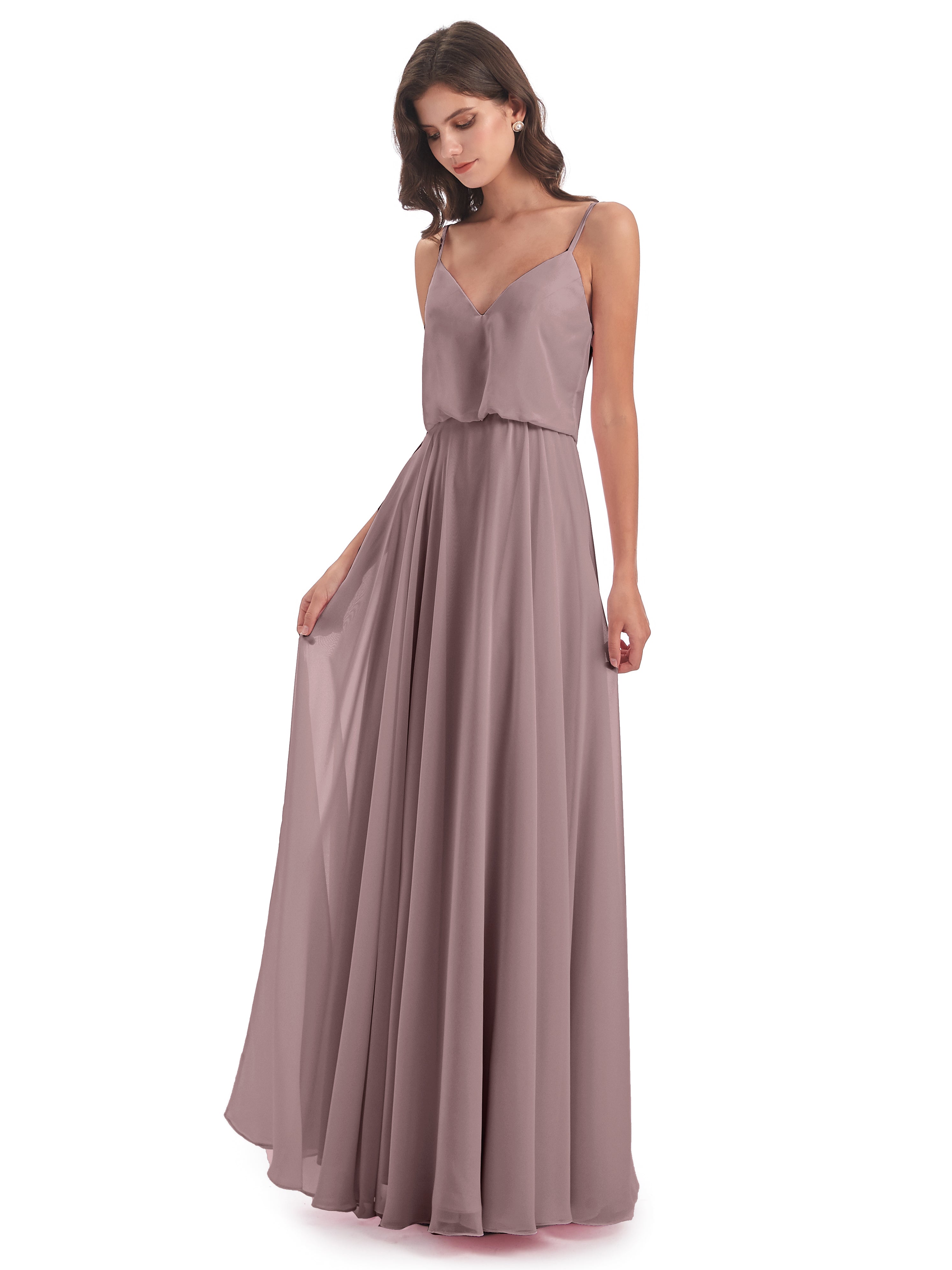 Robes De Demoiselle D'Honneur Vintage Mauve Bretelles Spaghetti Mousseline Longue Robes Demoiselle D'Honneur