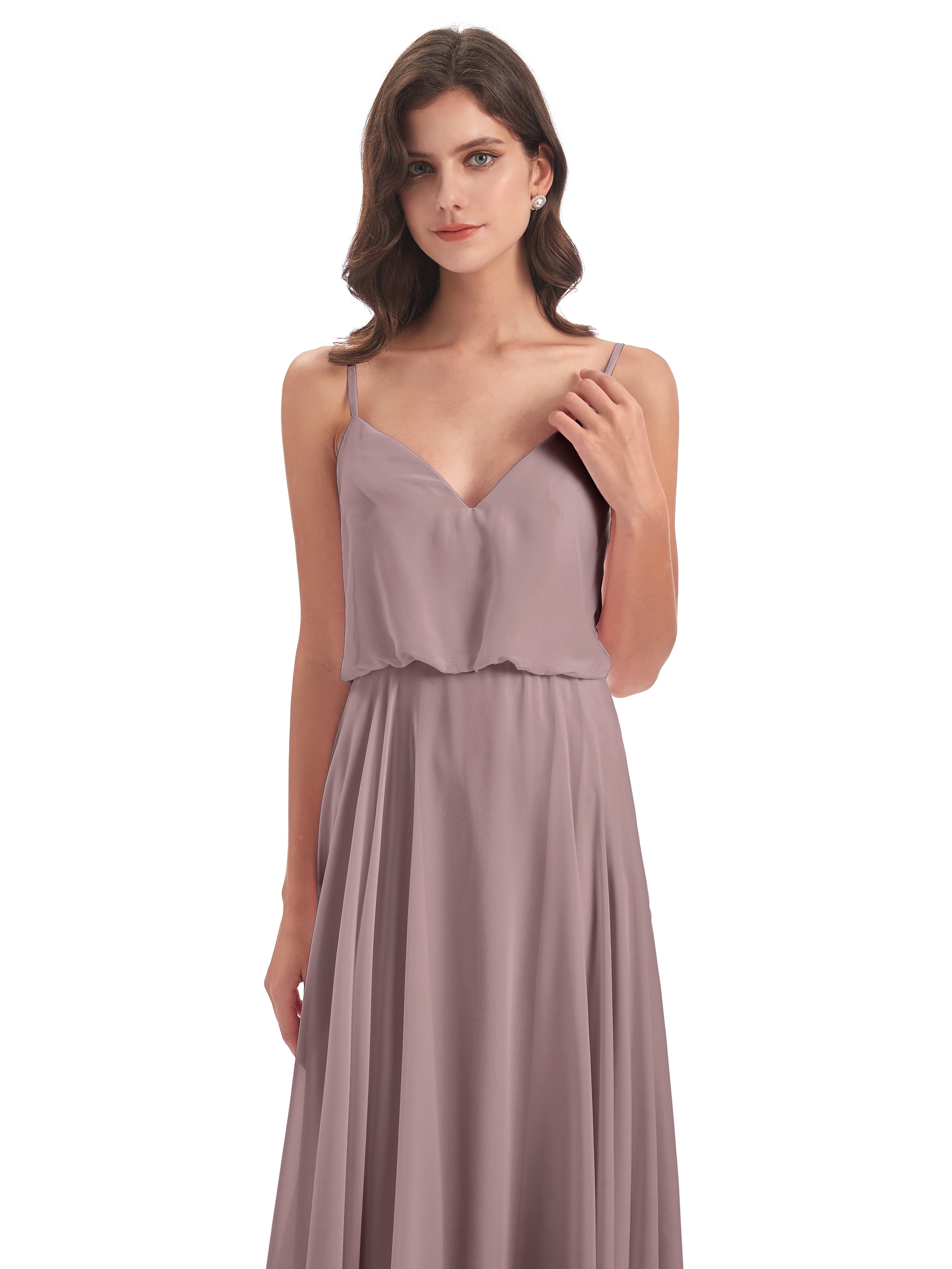 Robes De Demoiselle D'Honneur Vintage Mauve Bretelles Spaghetti Mousseline Longue Robes Demoiselle D'Honneur