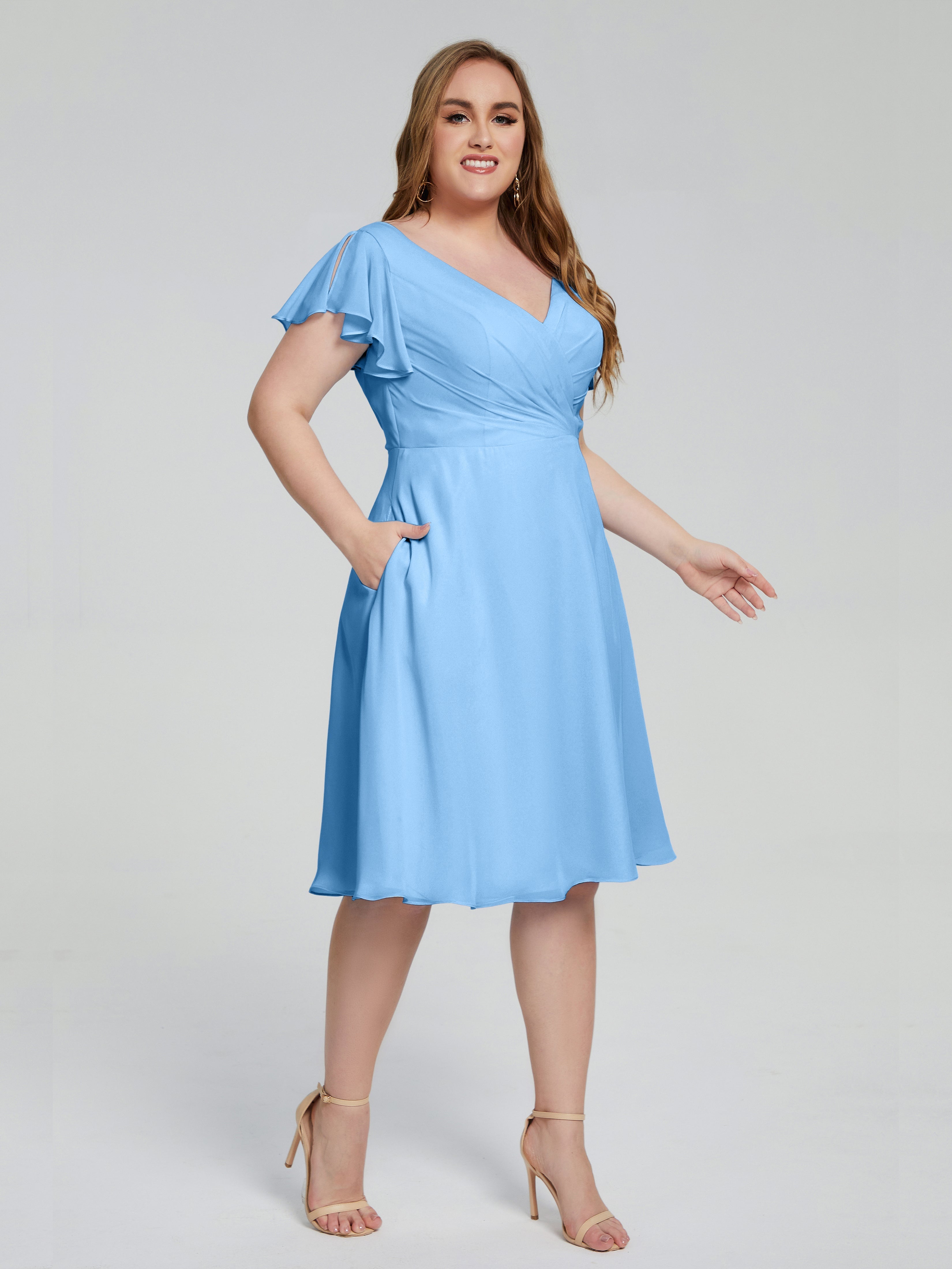Robe De Demoiselle D Honneur Bleue Longueur Genou Manches Courtes Mousseline Robes Demoiselle D'Honneur Grande Taille