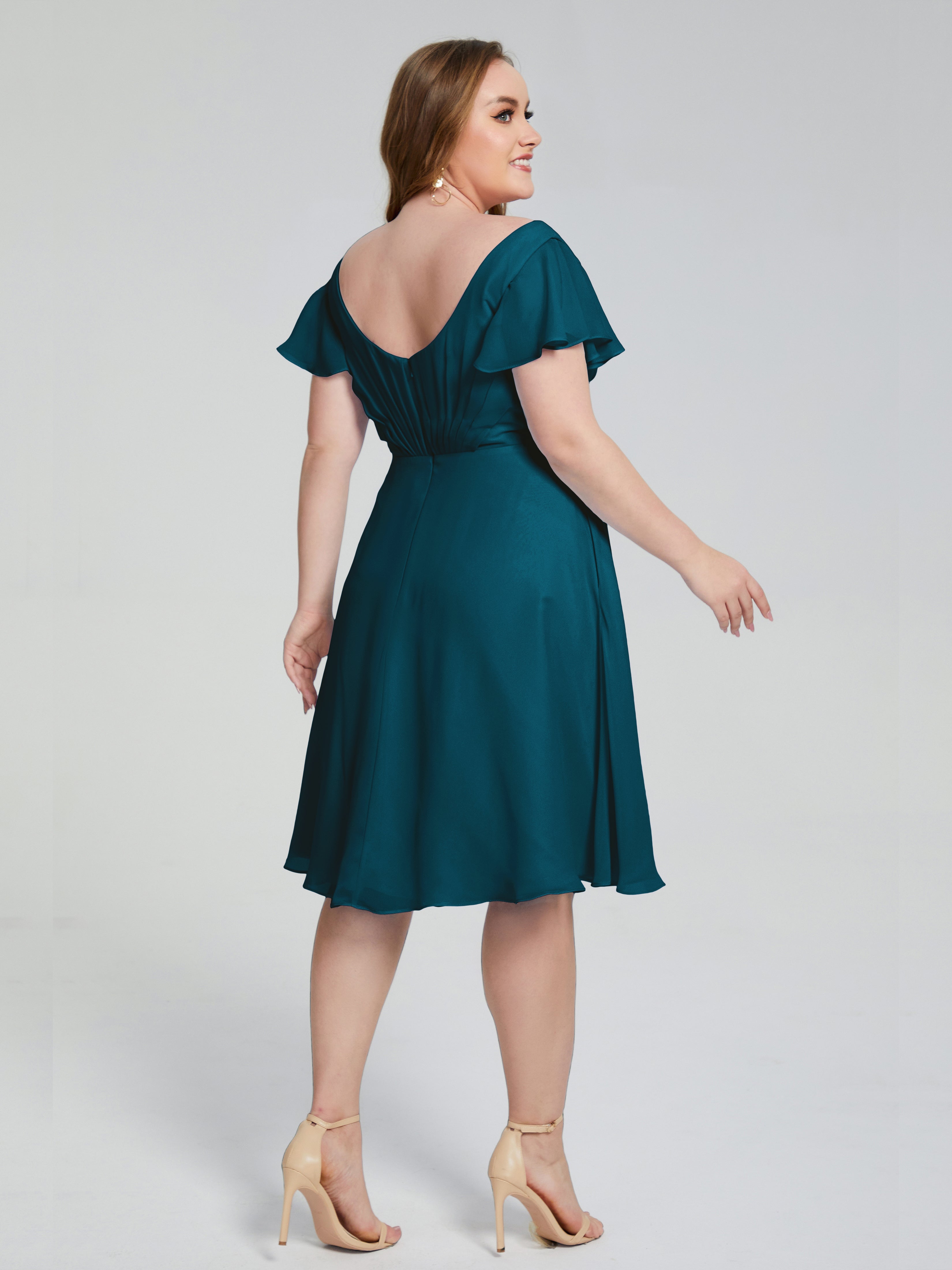 Robe De Demoiselle D'Honneur Bleu Encre Longueur Genou Manches Courtes Mousseline Robes Demoiselle D'Honneur Grande Taille